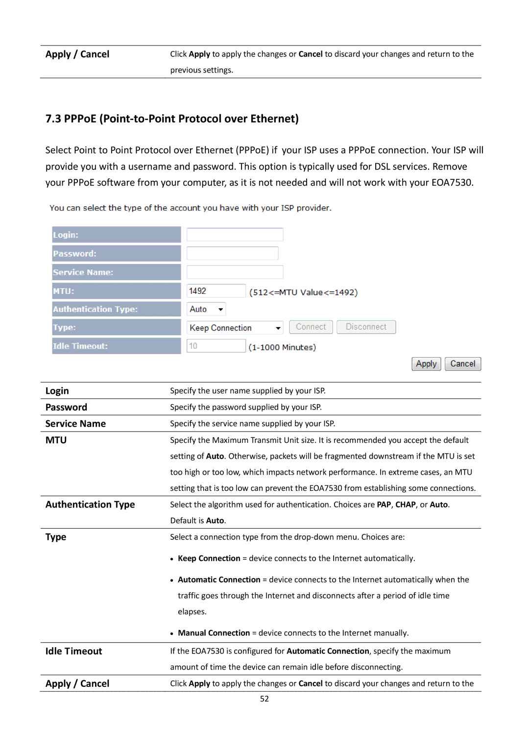 EnGenius Technologies EOA7530 manual PPPoE Point‐to‐Point Protocol over Ethernet, Mtu 