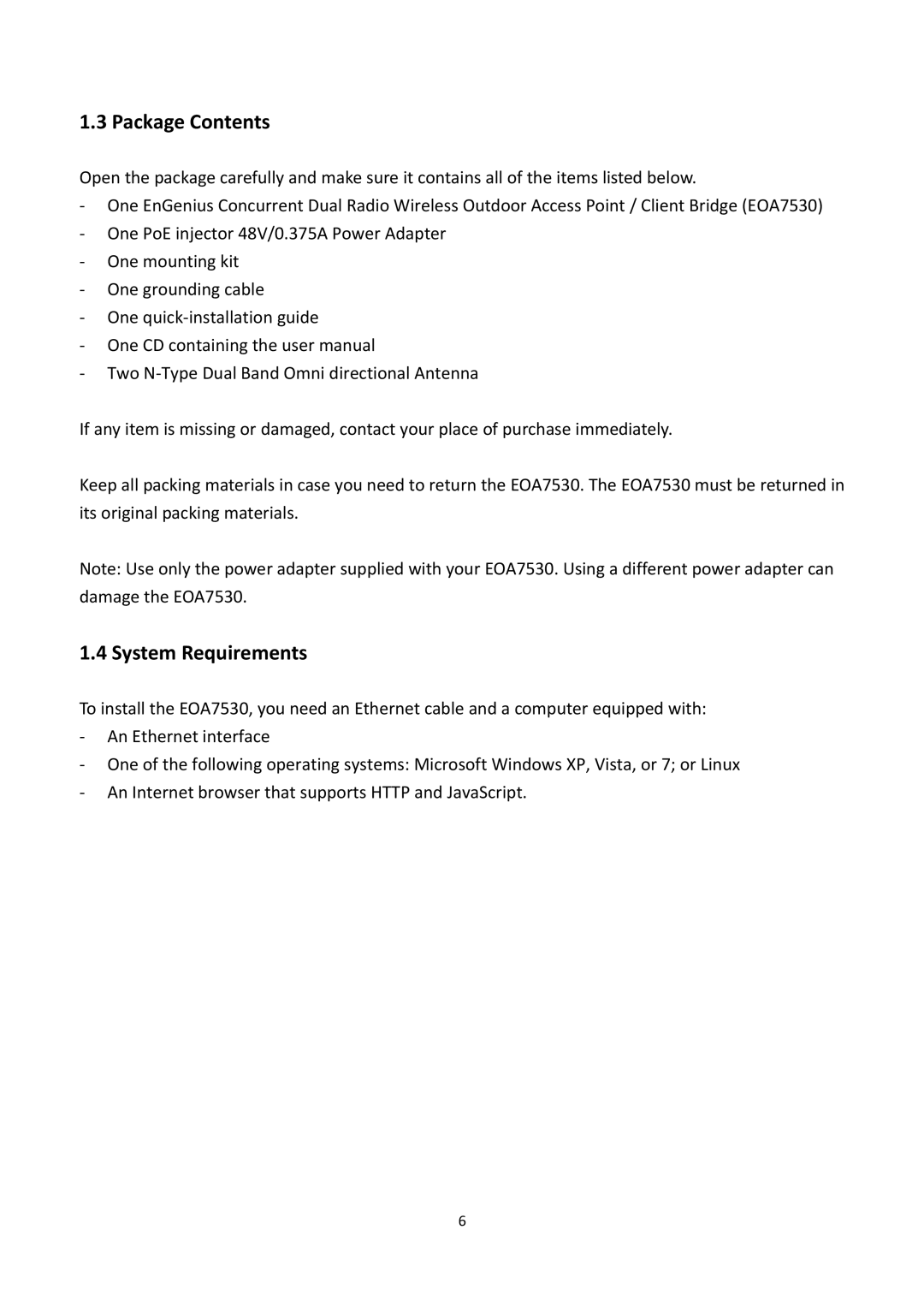 EnGenius Technologies EOA7530 manual Package Contents, System Requirements 