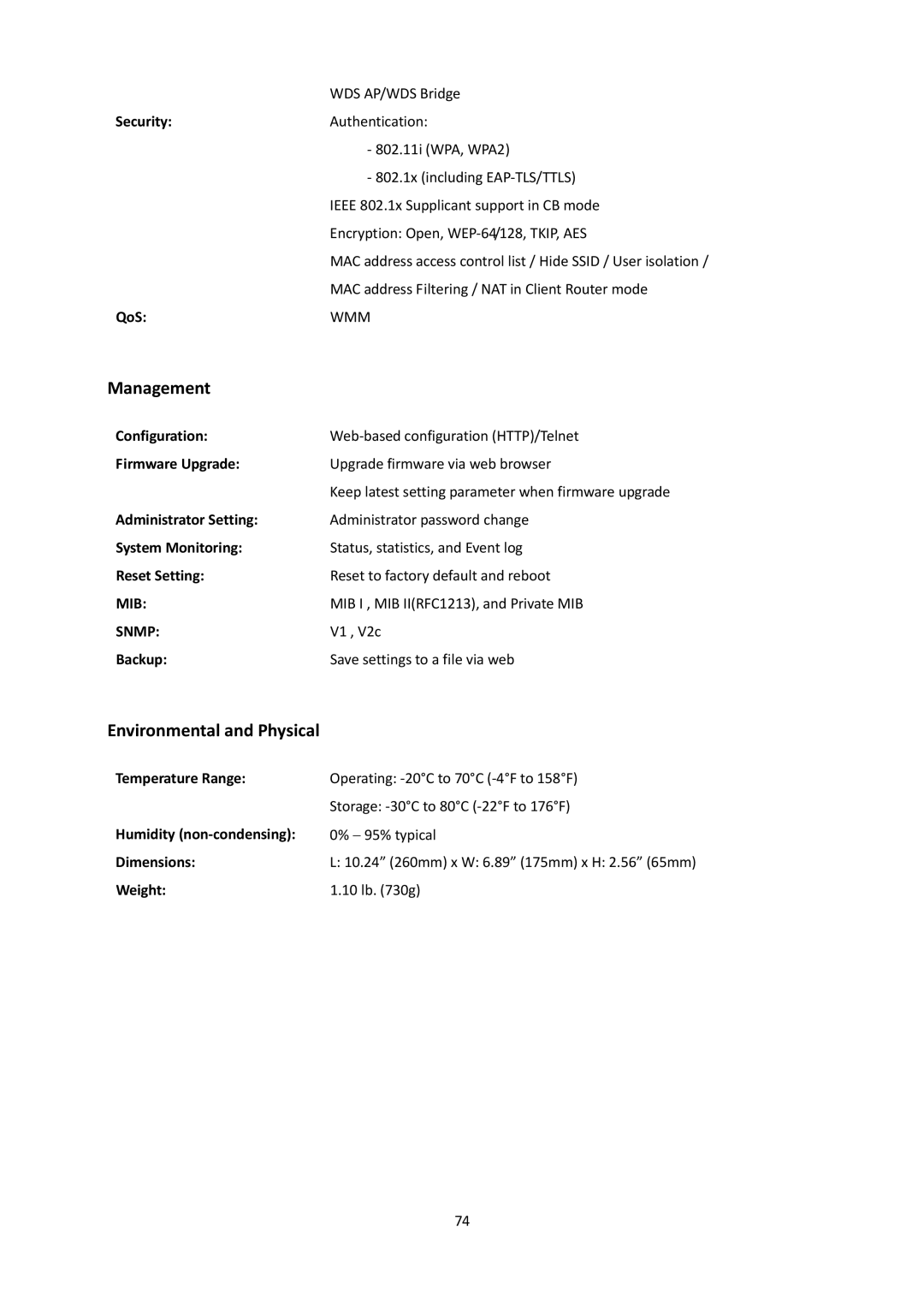 EnGenius Technologies EOA7530 manual Management, Environmental and Physical 