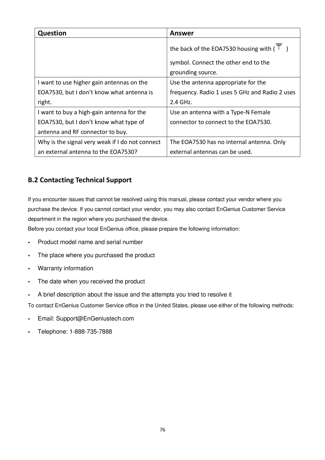 EnGenius Technologies EOA7530 manual Question Answer, Contacting Technical Support 