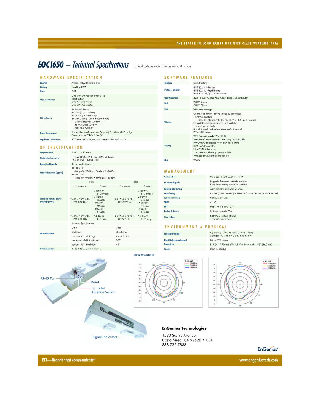 EnGenius Technologies EOC-1650 manual R D W a R E Specification, F T W a R E F E a T U R E S, N a G E M E N T 