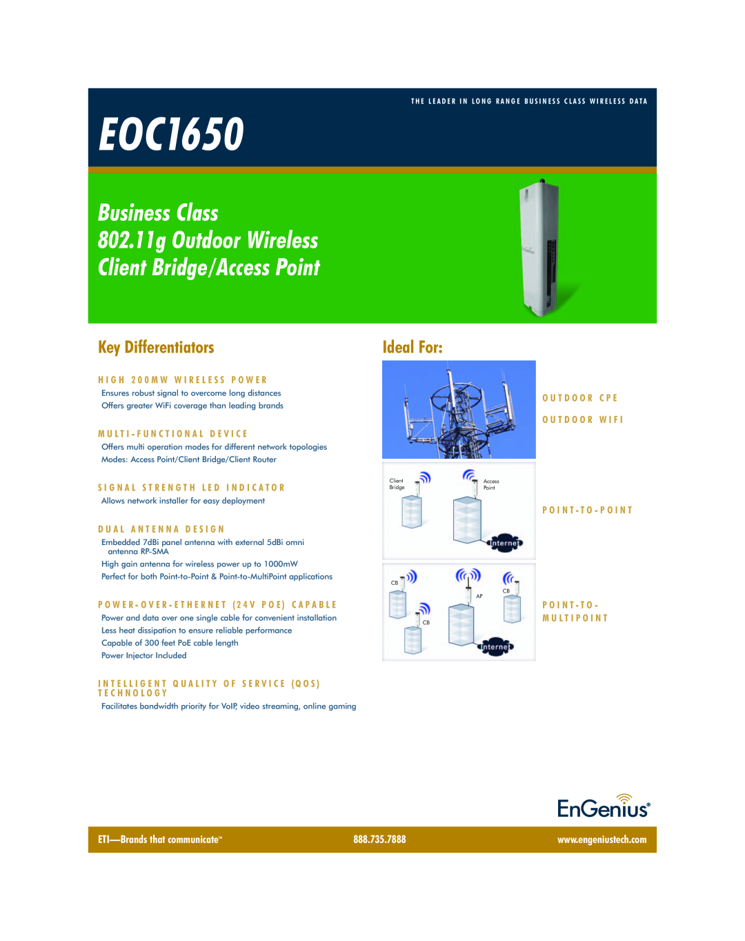 EnGenius Technologies EOC-1650 manual ETI-Brands that communicateTM, 888.735.7888, D U A L A N T E N N A D E S I G N 
