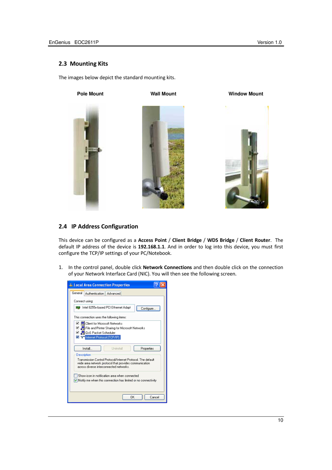 EnGenius Technologies EOC2611P manual Mounting Kits, IP Address Configuration 