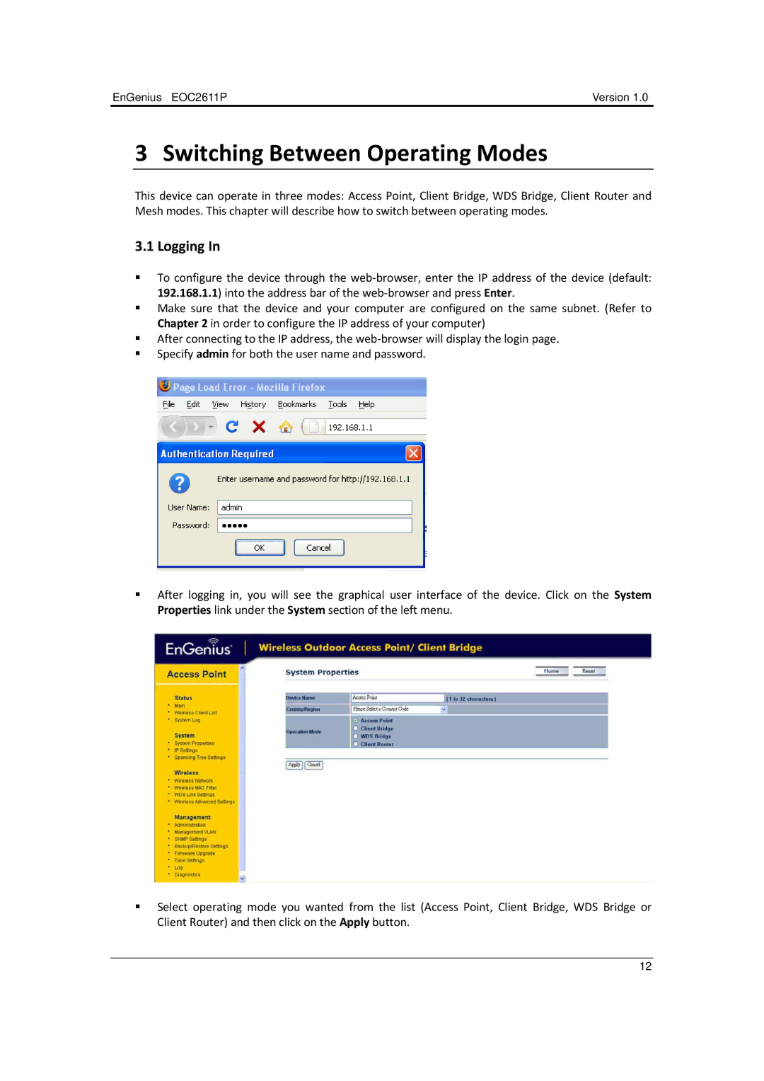 EnGenius Technologies EOC2611P manual Switching Between Operating Modes, Logging 