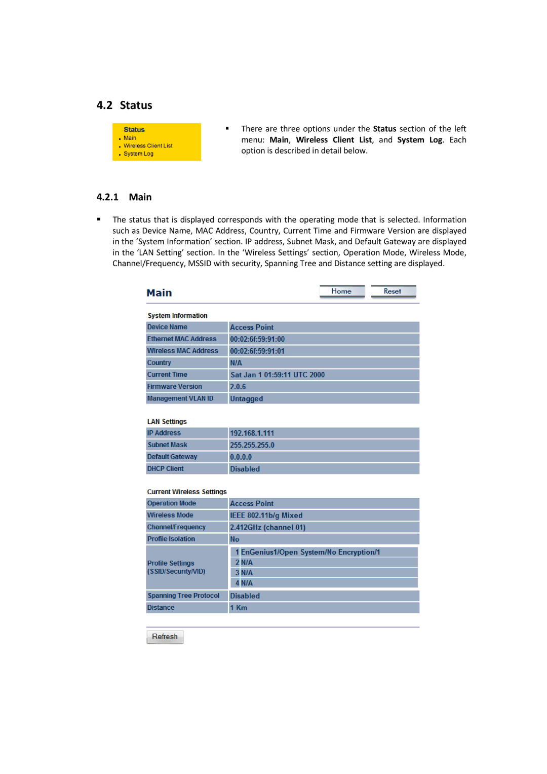 EnGenius Technologies EOC2611P manual Status, Main 