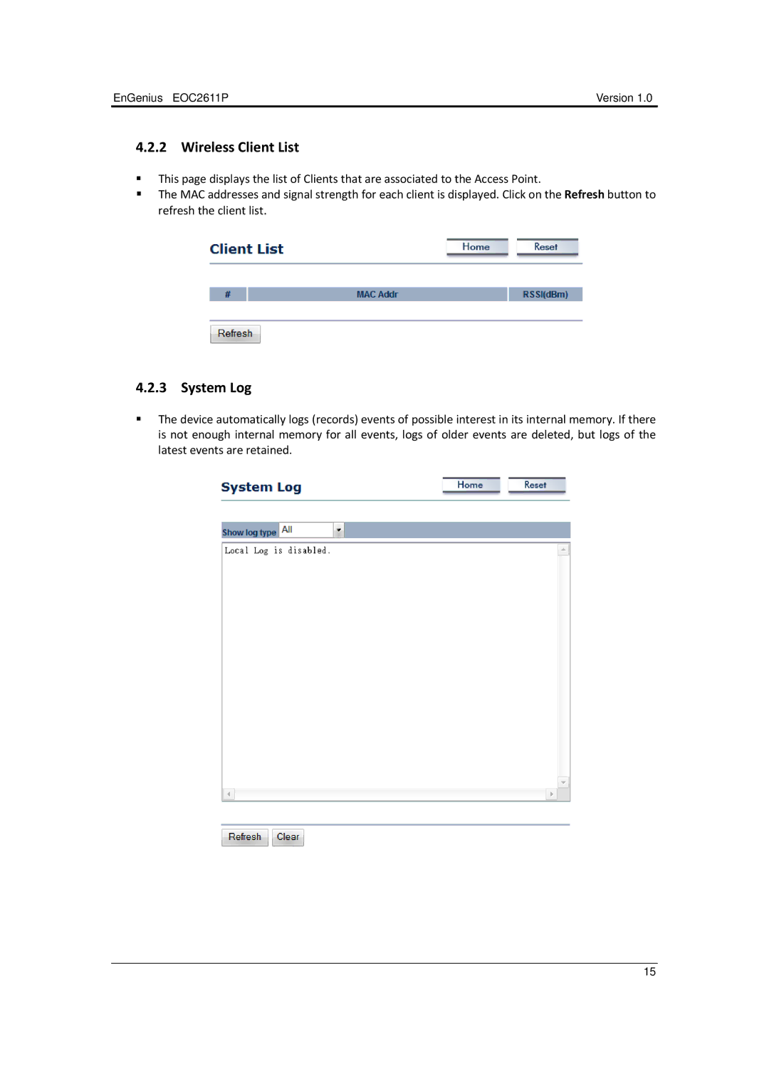 EnGenius Technologies EOC2611P manual Wireless Client List, System Log 