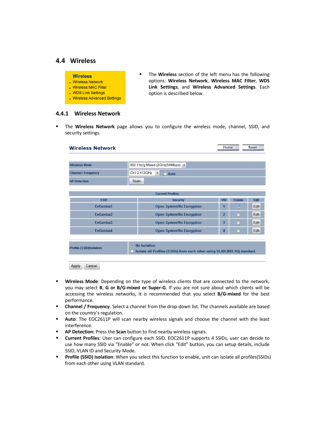 EnGenius Technologies EOC2611P manual Wireless Network 