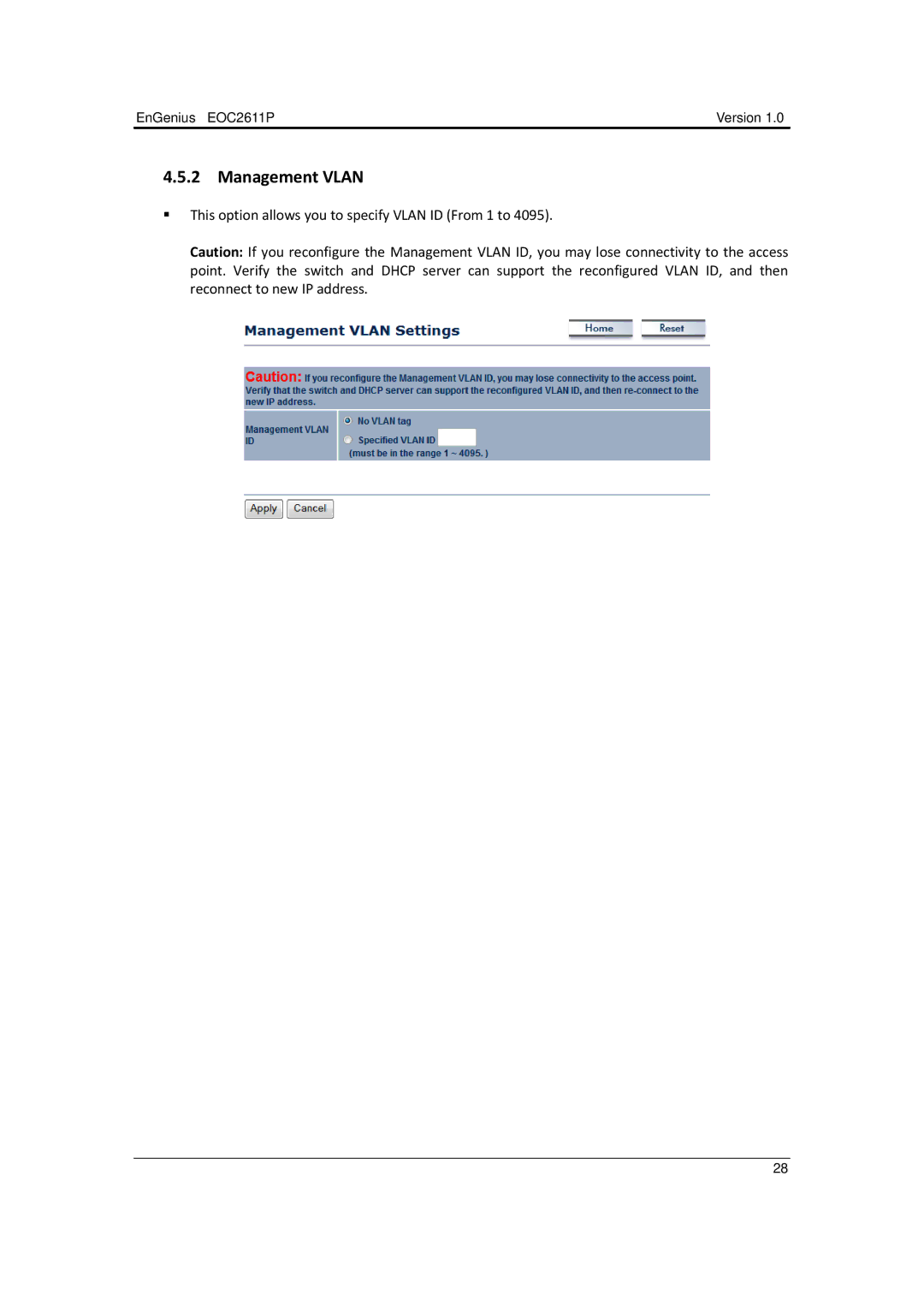 EnGenius Technologies EOC2611P manual Management Vlan 