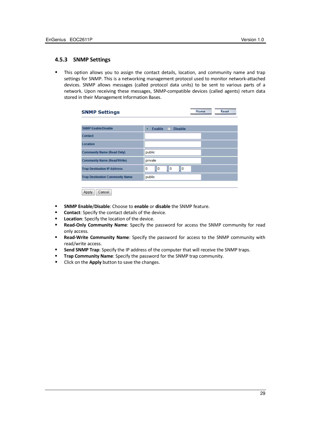 EnGenius Technologies EOC2611P manual Snmp Settings 