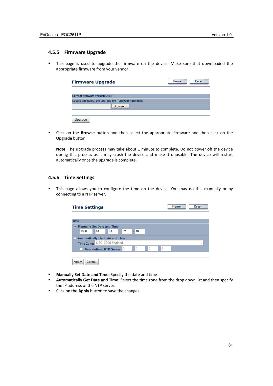 EnGenius Technologies EOC2611P manual Firmware Upgrade, Time Settings 