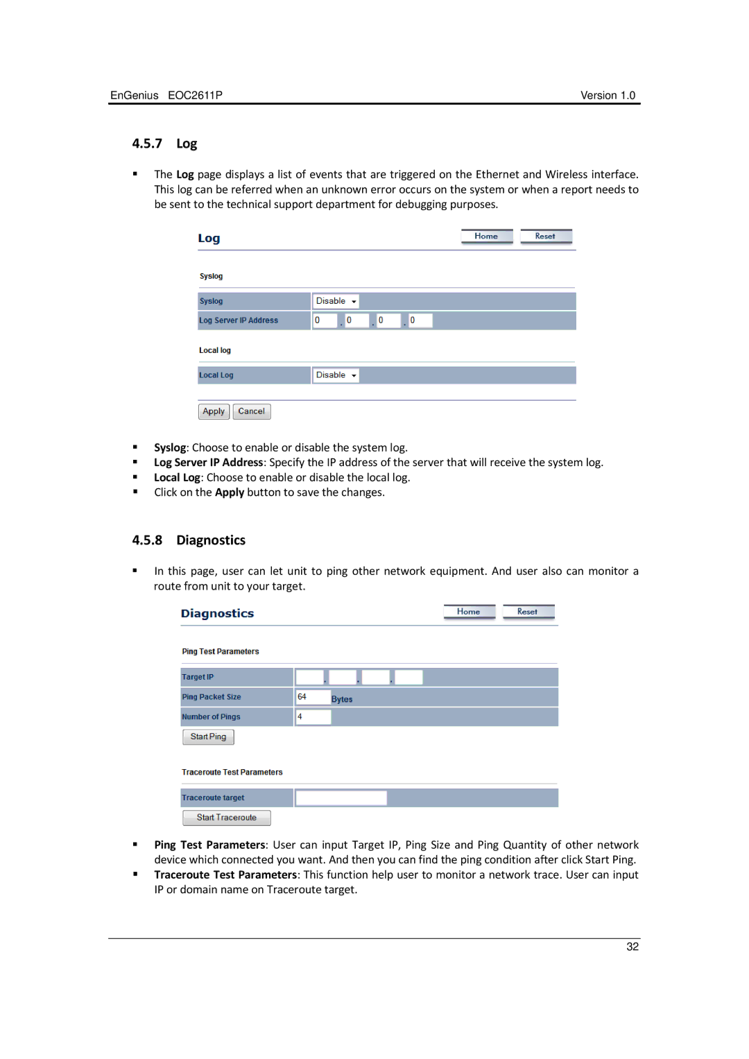 EnGenius Technologies EOC2611P manual 7 Log, Diagnostics 