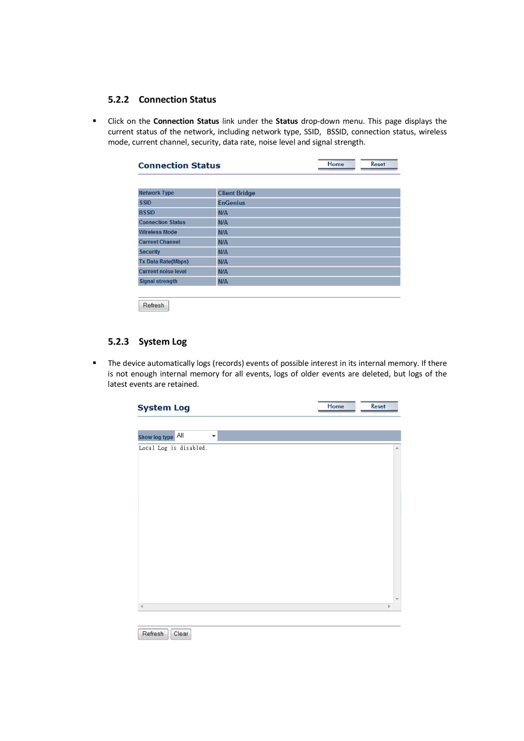 EnGenius Technologies EOC2611P manual Connection Status, System Log 