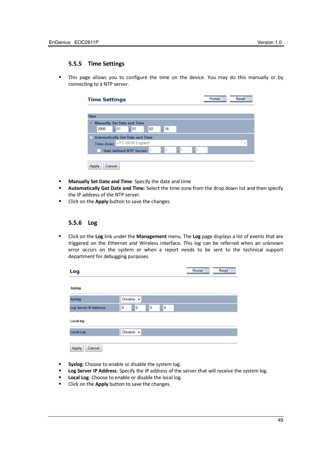 EnGenius Technologies EOC2611P manual Time Settings, 6 Log 