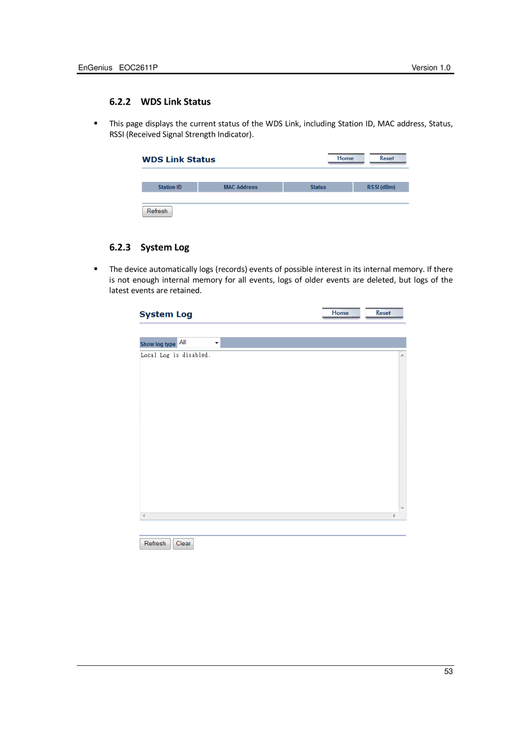 EnGenius Technologies EOC2611P manual WDS Link Status, System Log 