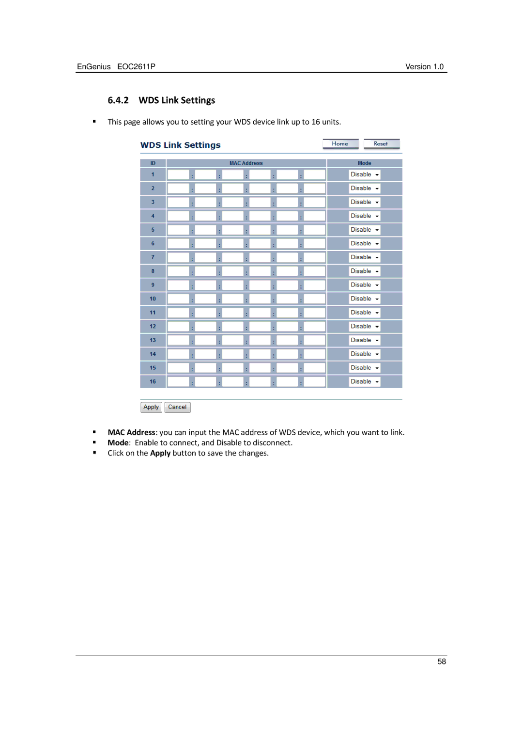 EnGenius Technologies EOC2611P manual WDS Link Settings 