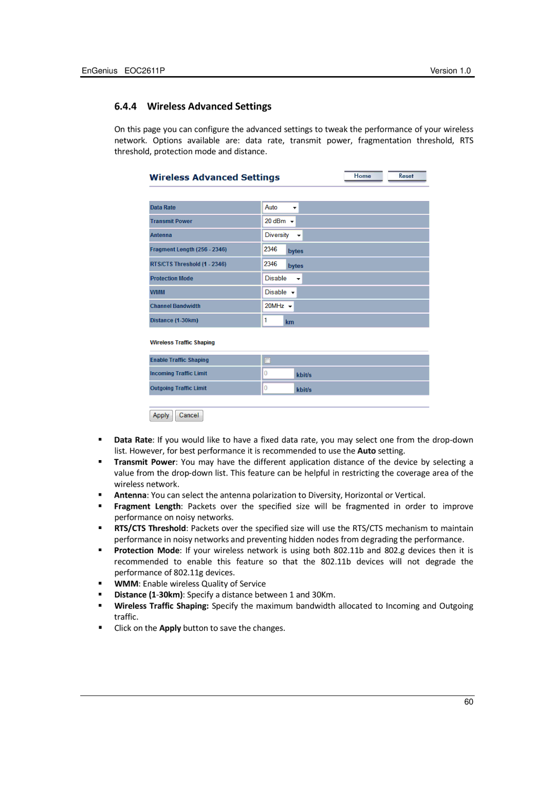 EnGenius Technologies EOC2611P manual Wireless Advanced Settings 