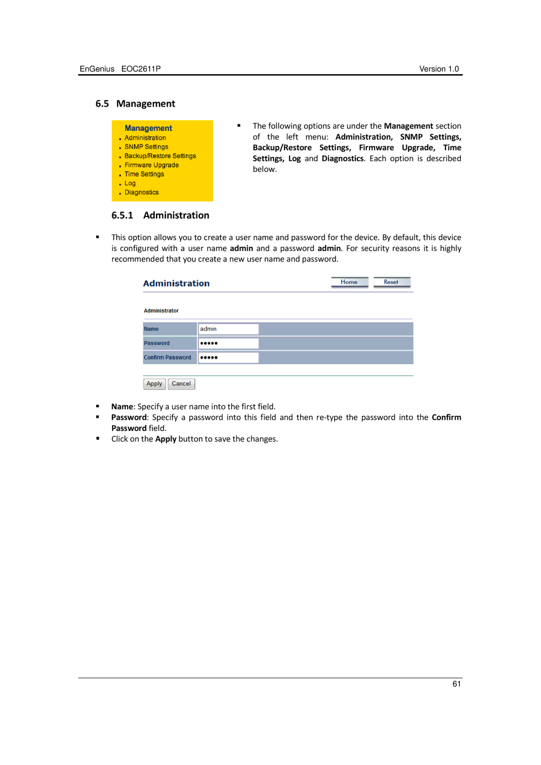 EnGenius Technologies EOC2611P manual Management, Administration 