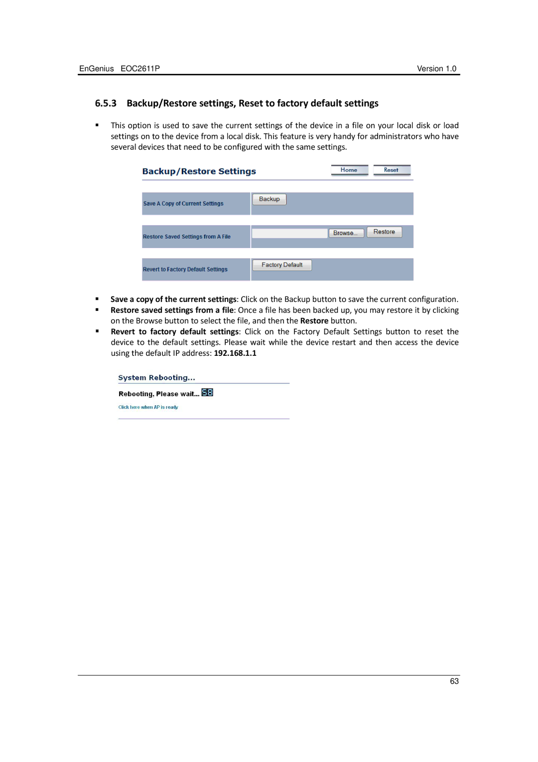 EnGenius Technologies EOC2611P manual Backup/Restore settings, Reset to factory default settings 