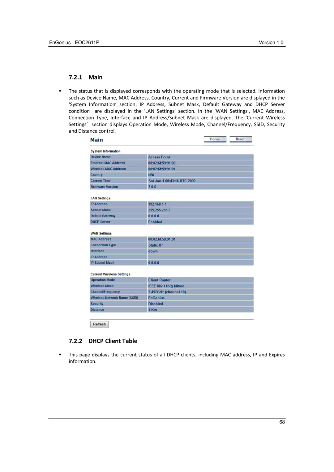 EnGenius Technologies EOC2611P manual Main, Dhcp Client Table 