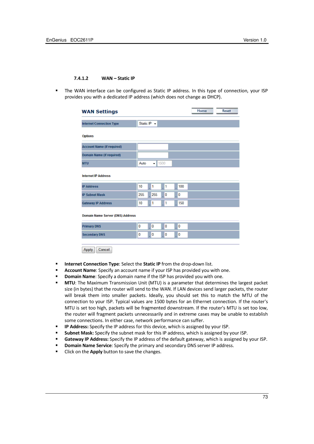 EnGenius Technologies EOC2611P manual WAN Static IP 