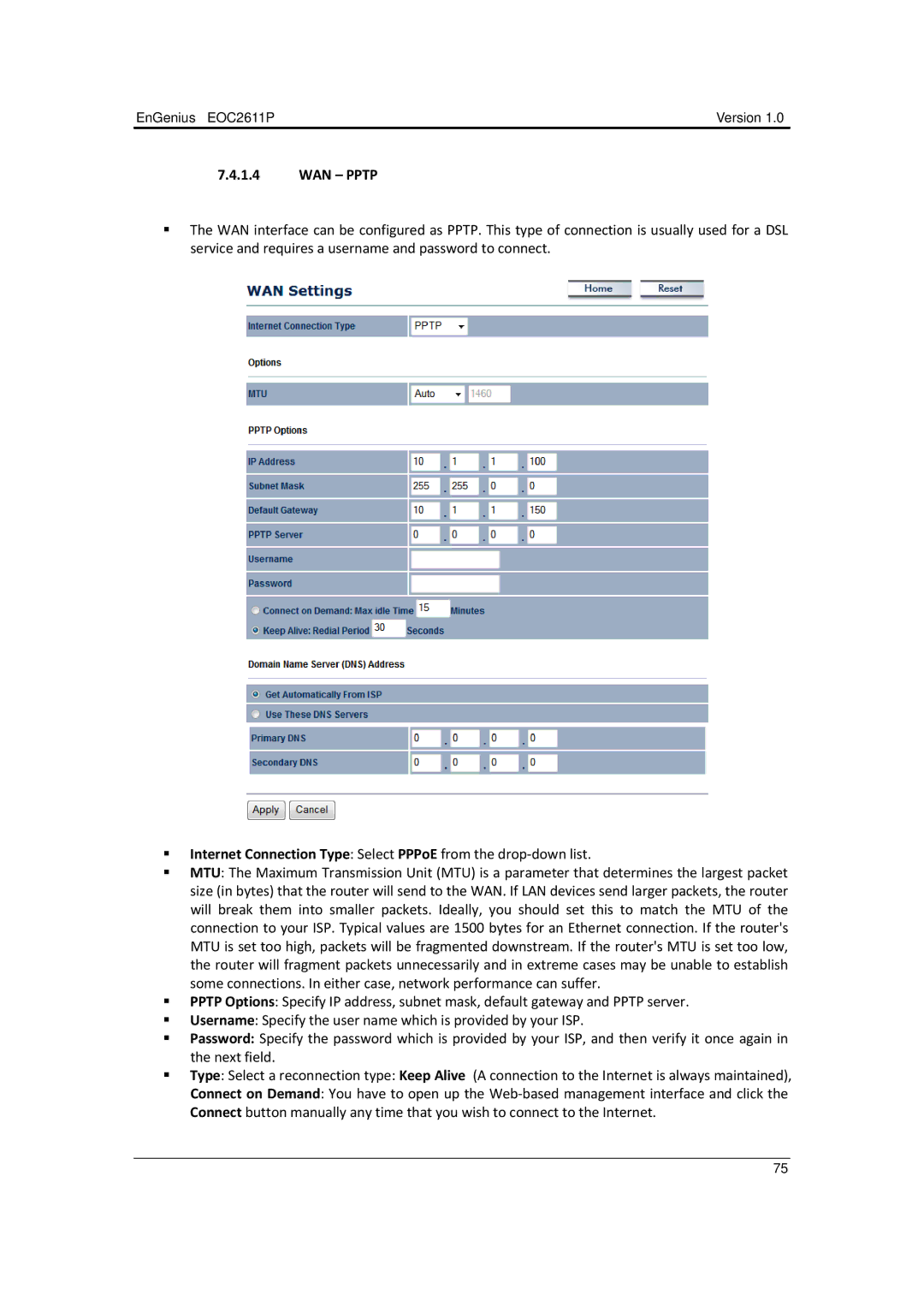 EnGenius Technologies EOC2611P manual WAN Pptp 