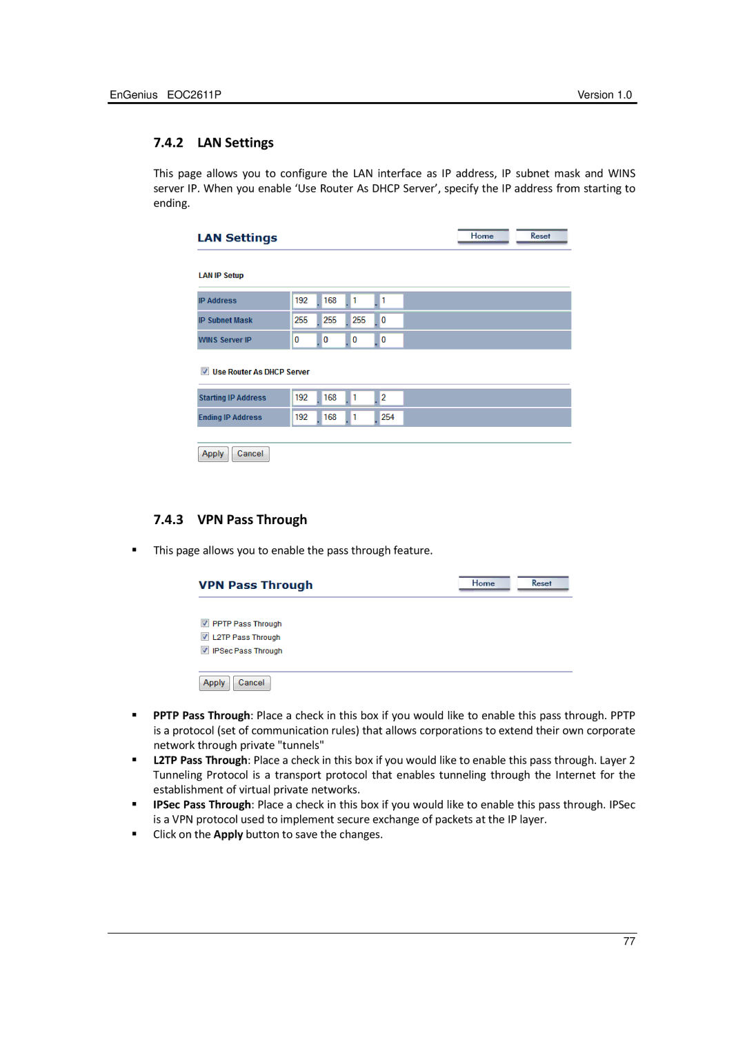 EnGenius Technologies EOC2611P manual LAN Settings, VPN Pass Through 