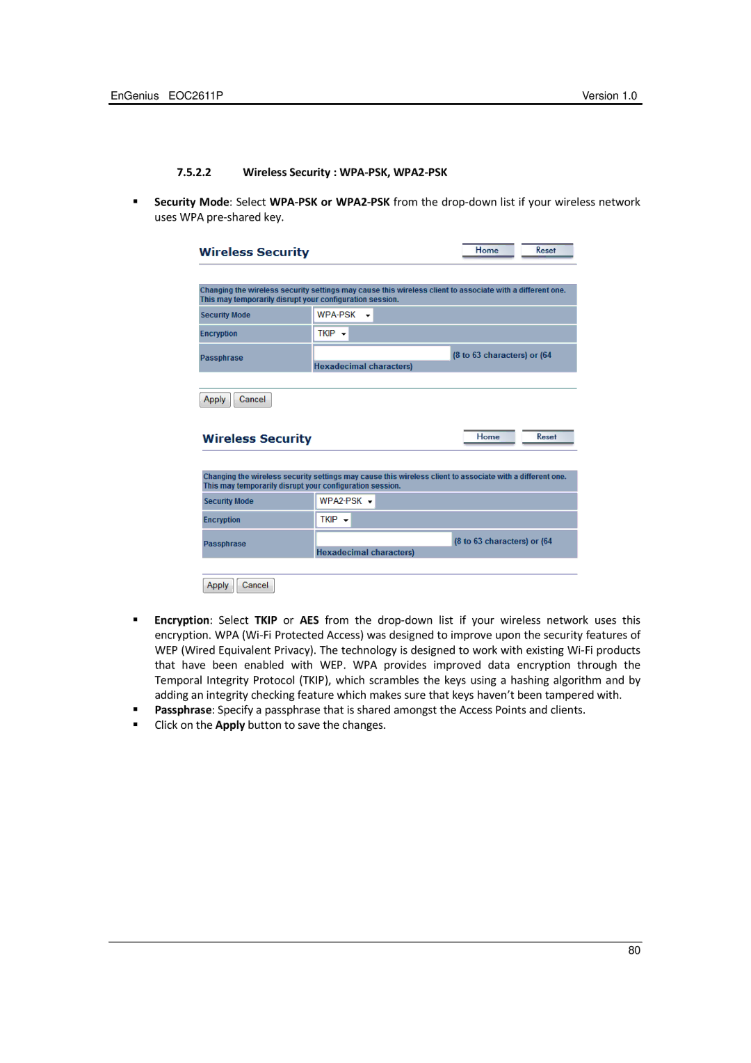 EnGenius Technologies EOC2611P manual Wireless Security WPA‐PSK, WPA2‐PSK 