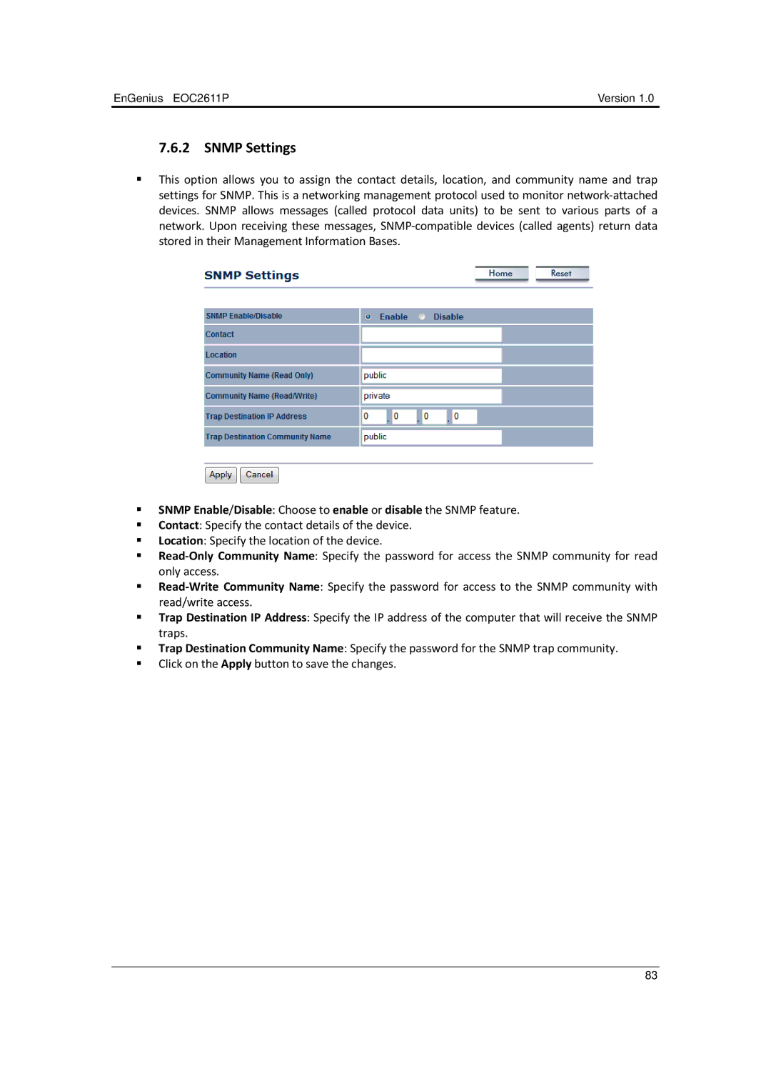 EnGenius Technologies EOC2611P manual Snmp Settings 