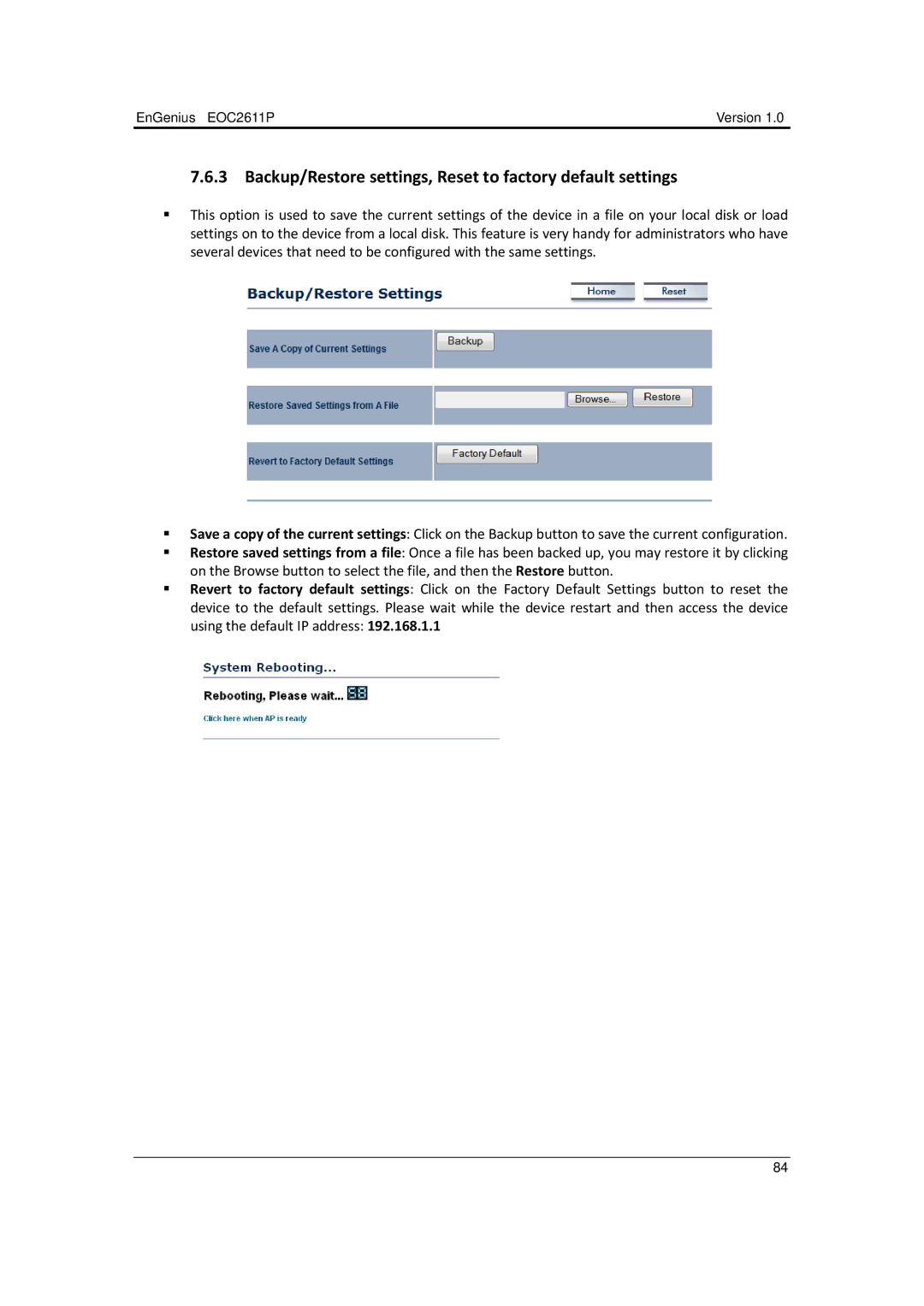 EnGenius Technologies EOC2611P manual Backup/Restore settings, Reset to factory default settings 