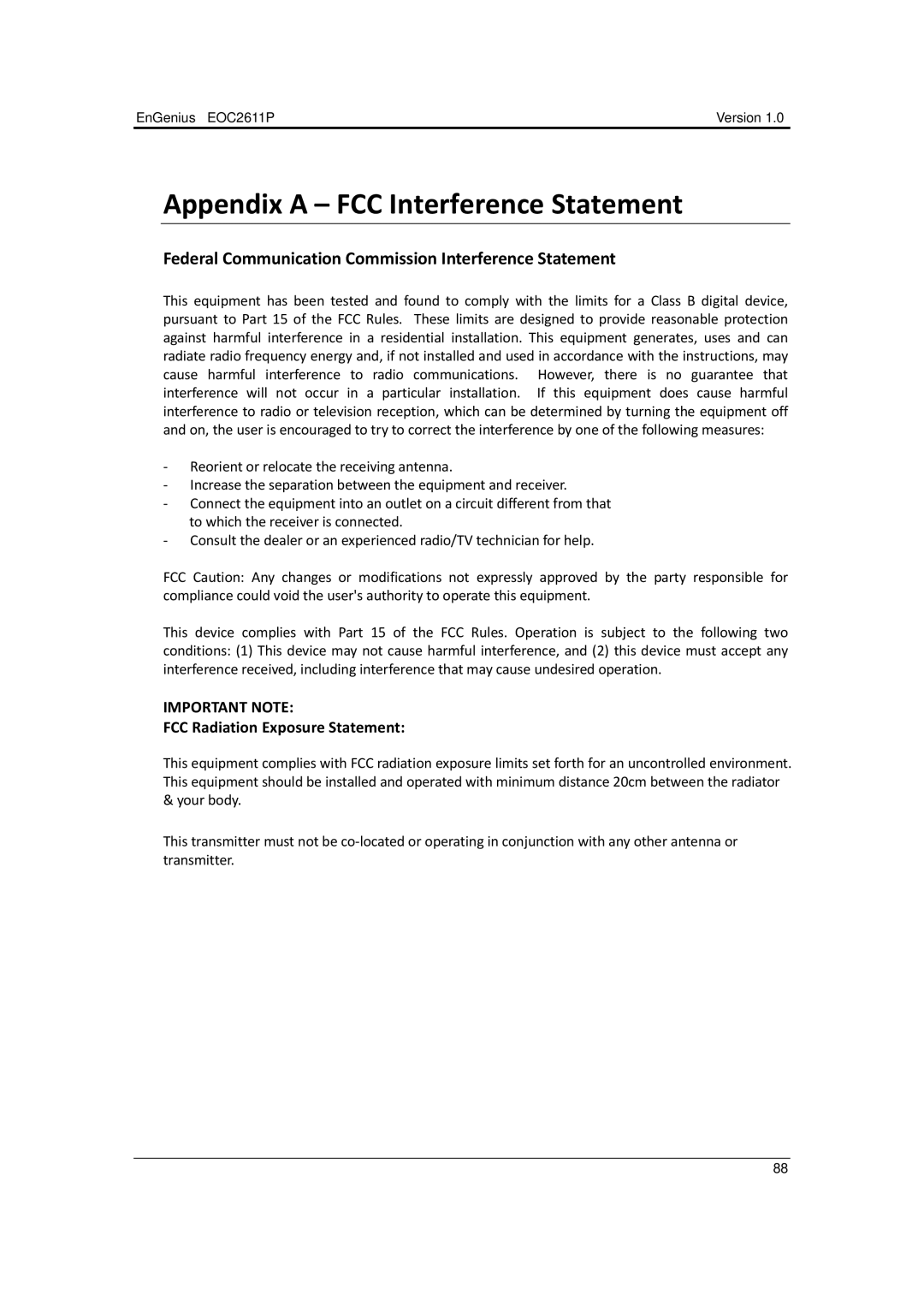 EnGenius Technologies EOC2611P manual Appendix a FCC Interference Statement 