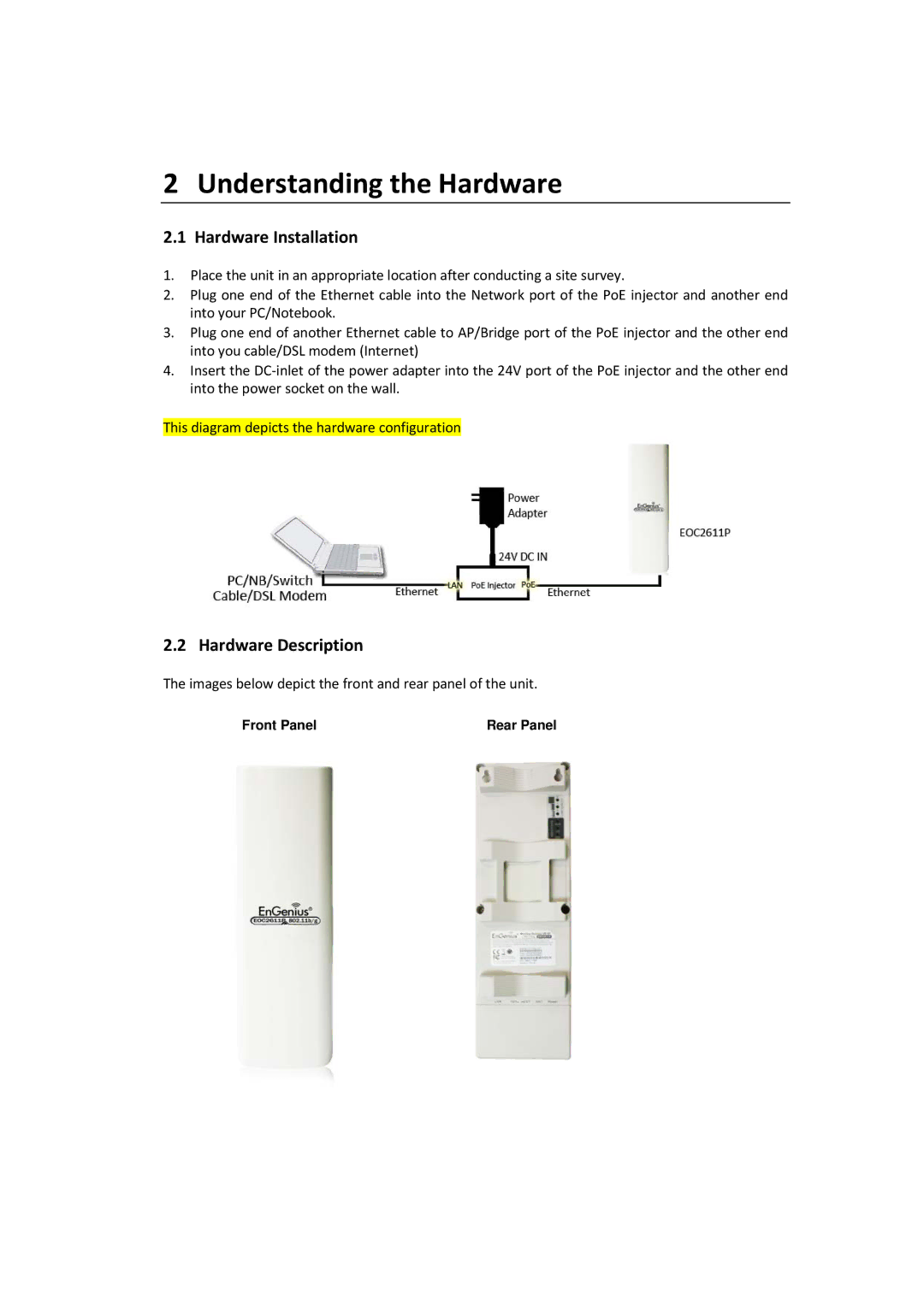 EnGenius Technologies EOC2611P manual Hardware Installation, Hardware Description 