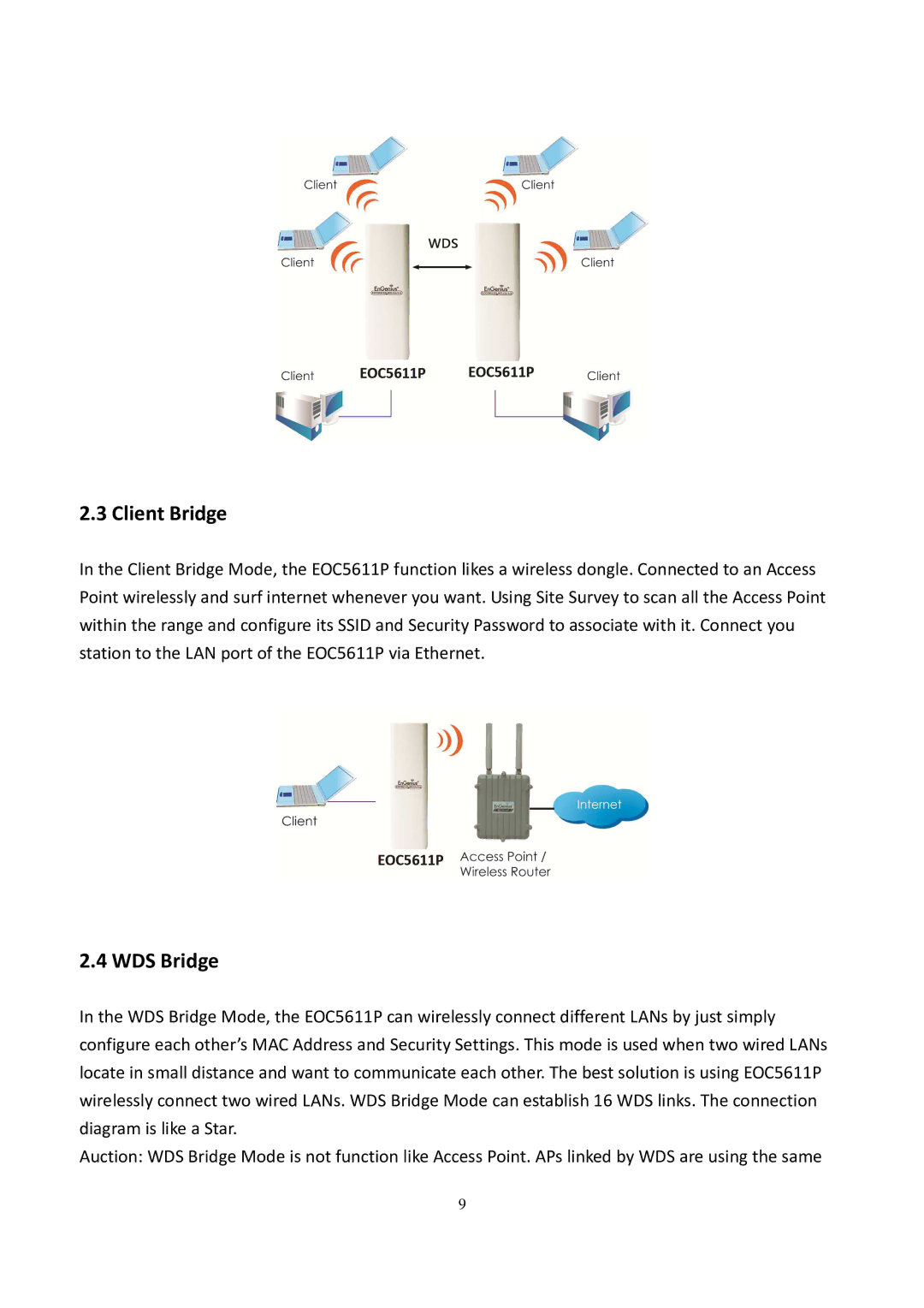 EnGenius Technologies EOC5611P user manual Client Bridge, WDS Bridge 