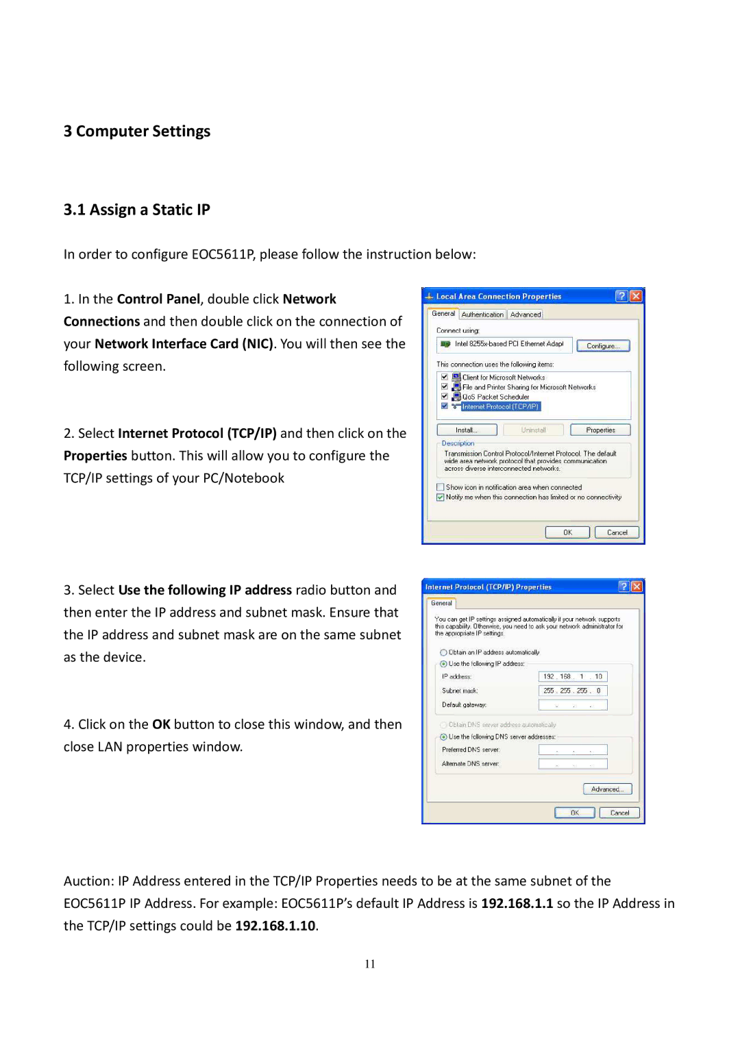 EnGenius Technologies EOC5611P user manual Computer Settings Assign a Static IP 