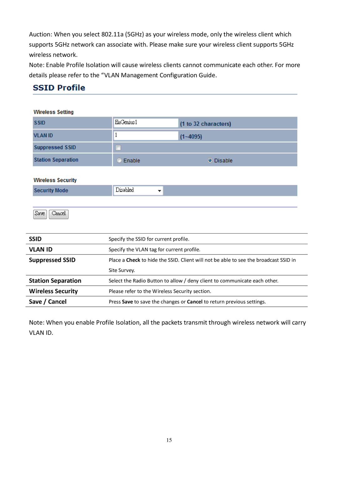 EnGenius Technologies EOC5611P user manual Suppressed Ssid, Station Separation, Wireless Security, Save / Cancel 