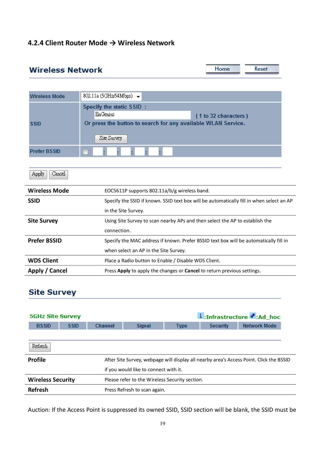 EnGenius Technologies EOC5611P user manual Client Router Mode → Wireless Network, Site Survey 