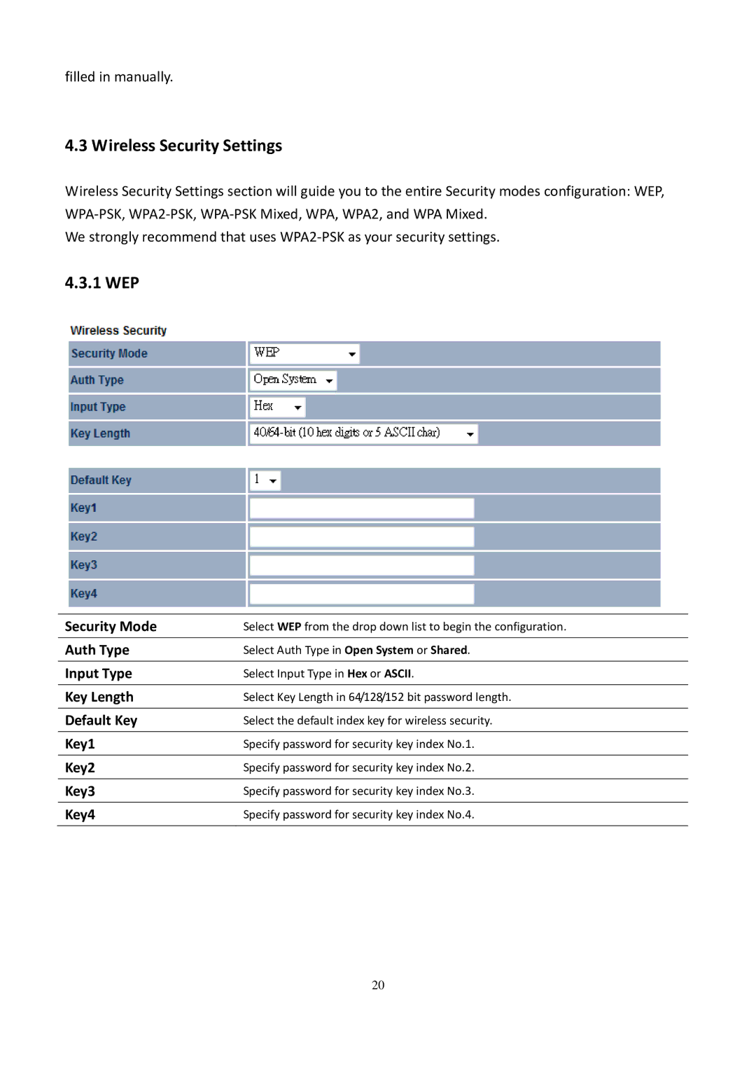 EnGenius Technologies EOC5611P user manual Wireless Security Settings, 1 WEP 