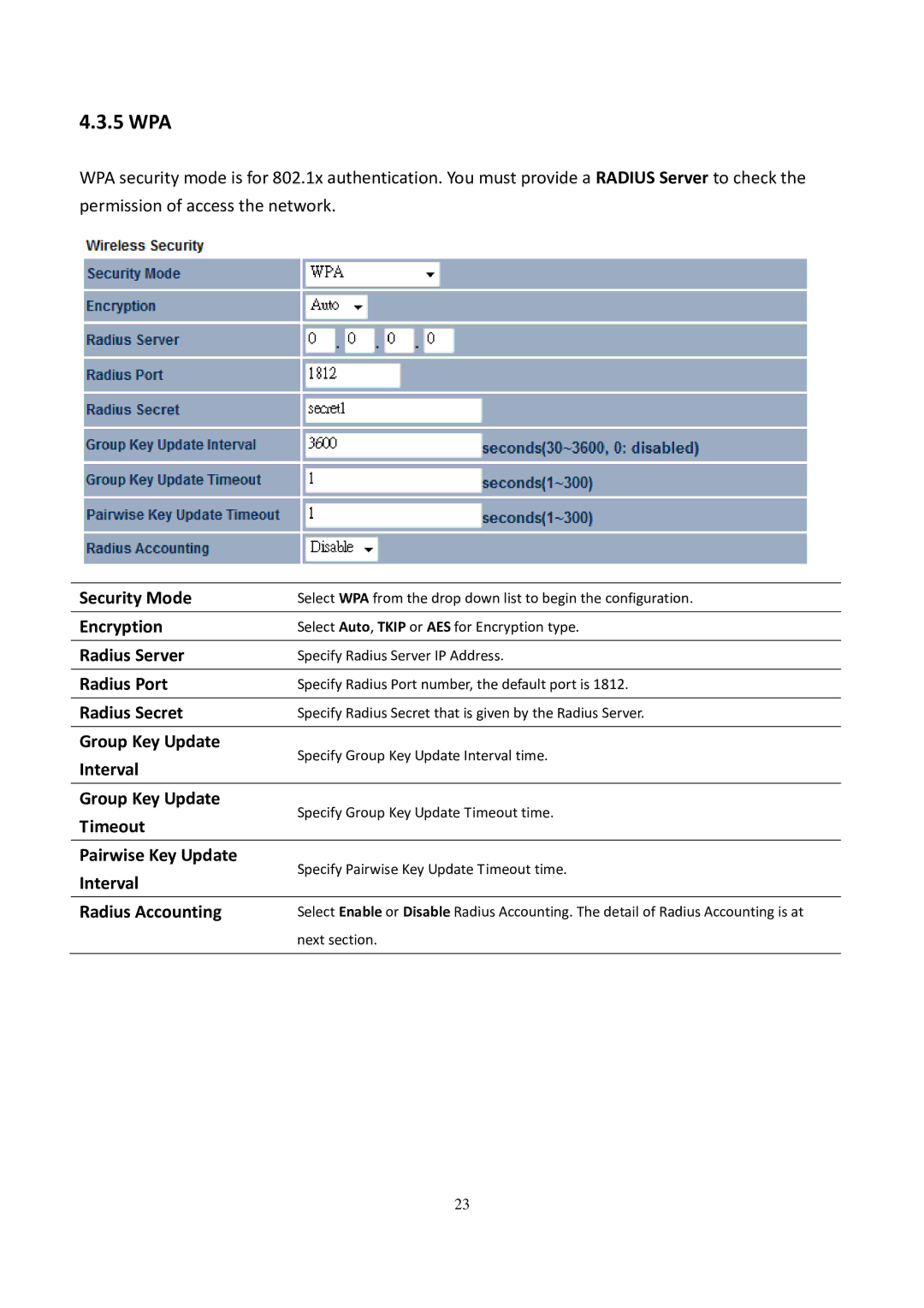 EnGenius Technologies EOC5611P user manual 5 WPA, Radius Server, Radius Port, Radius Secret, Radius Accounting 