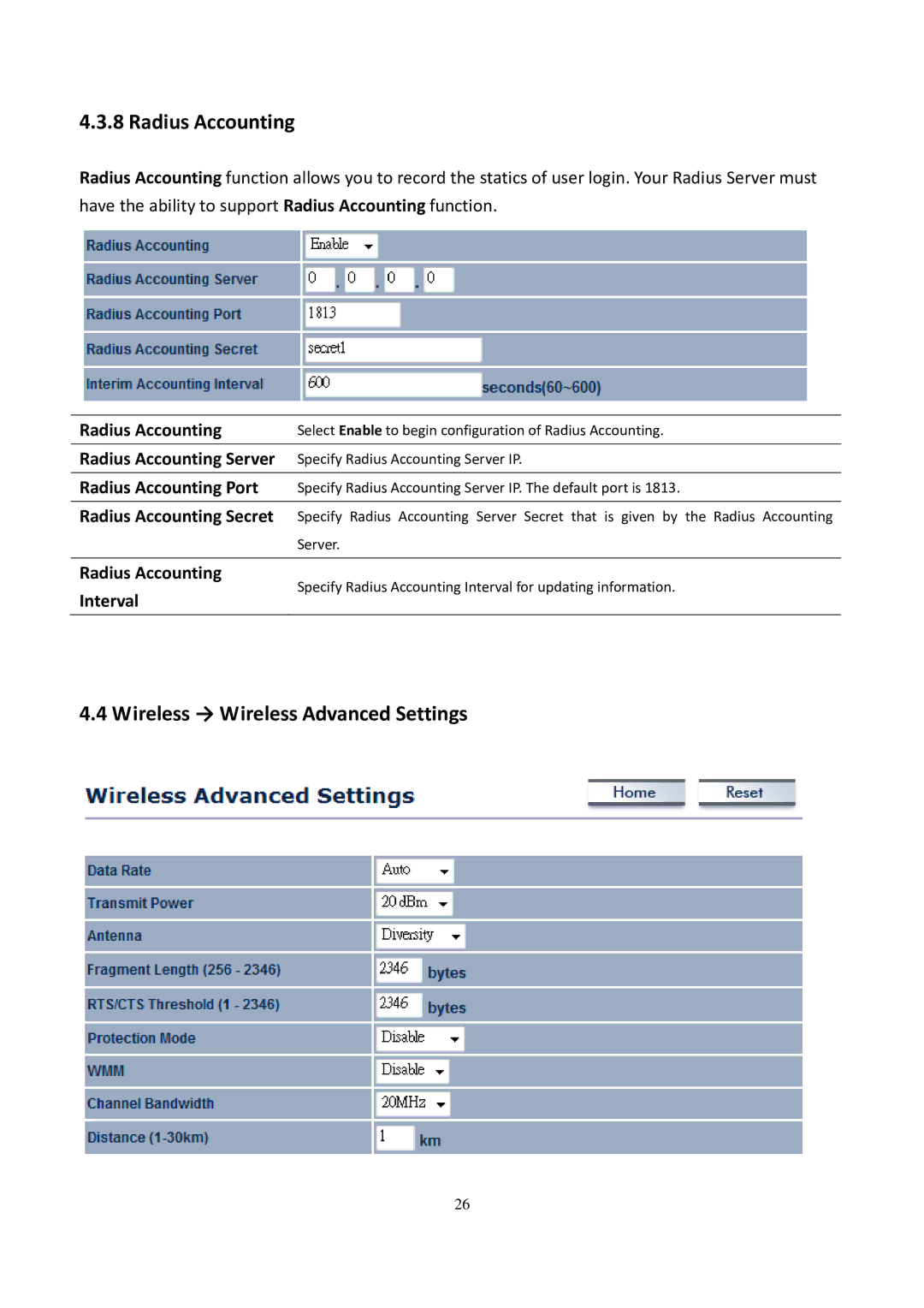 EnGenius Technologies EOC5611P user manual Radius Accounting, Wireless → Wireless Advanced Settings 