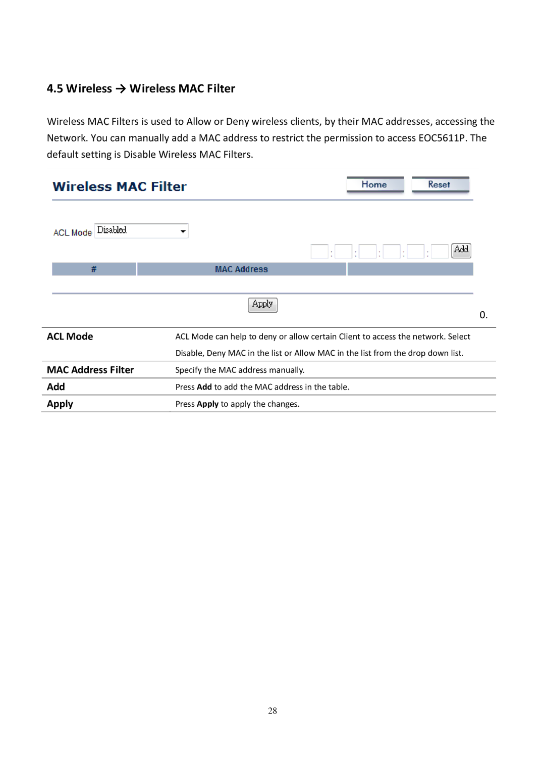 EnGenius Technologies EOC5611P user manual Wireless → Wireless MAC Filter, ACL Mode, MAC Address Filter, Apply 