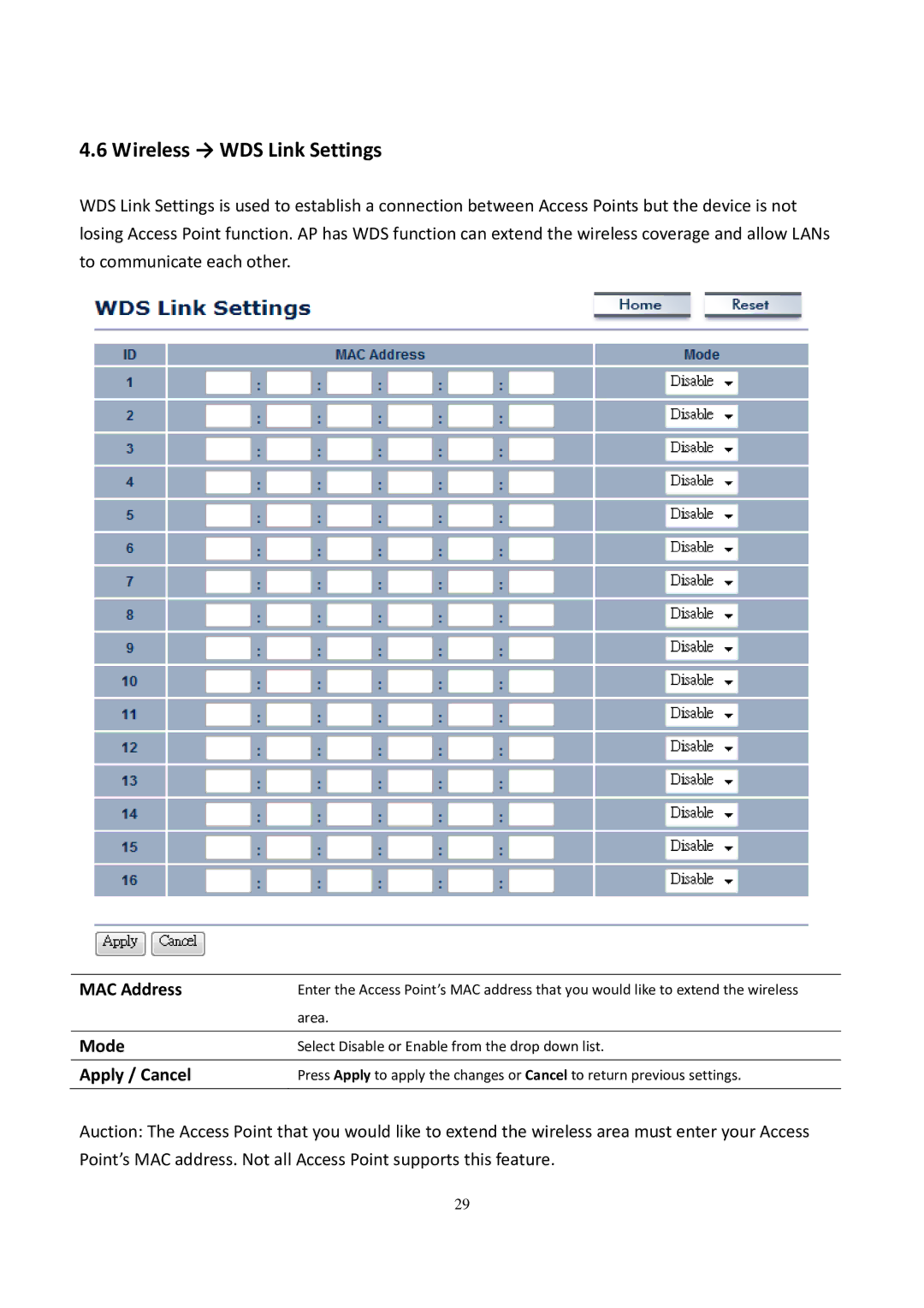 EnGenius Technologies EOC5611P user manual Wireless → WDS Link Settings, MAC Address 