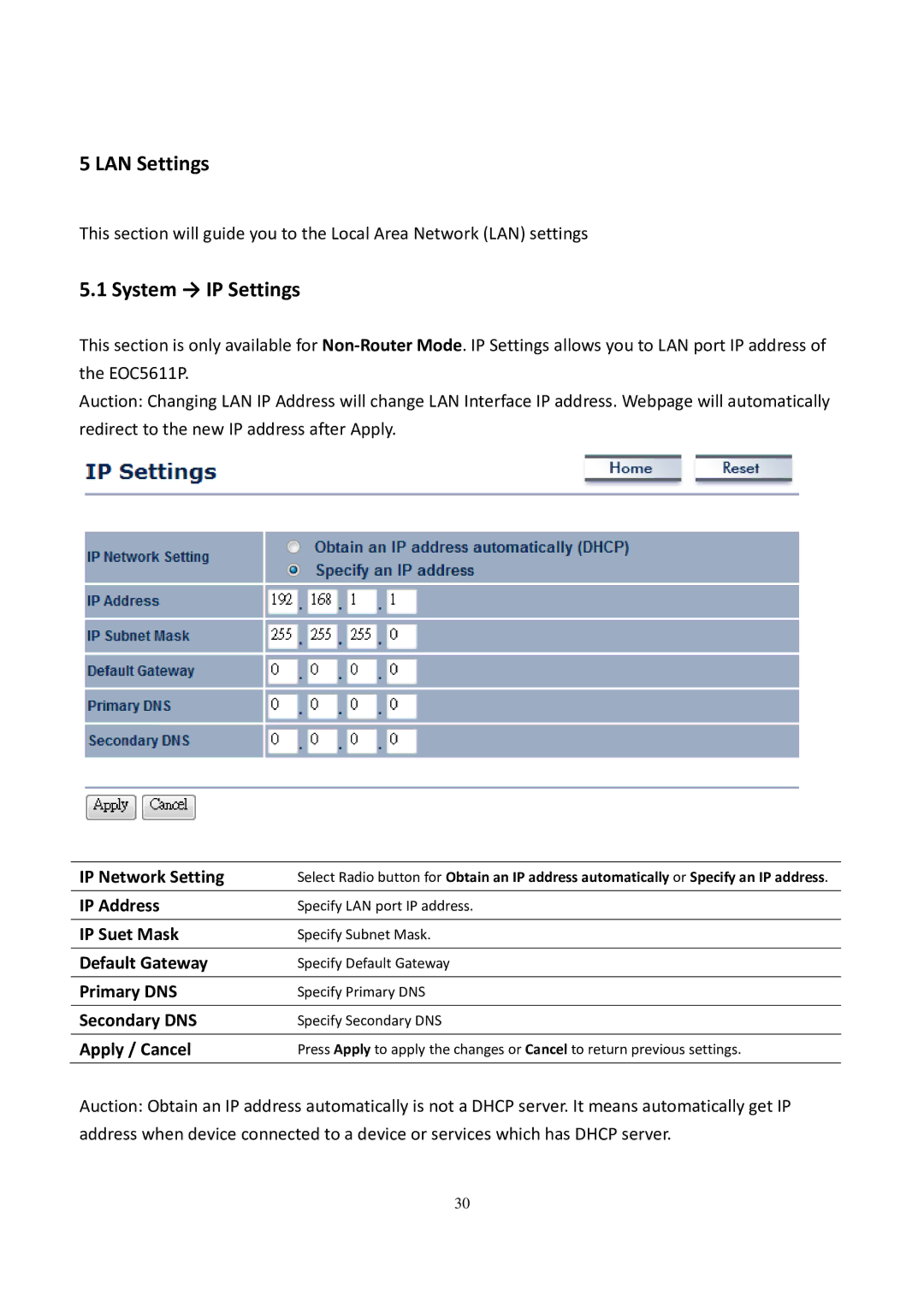 EnGenius Technologies EOC5611P user manual LAN Settings, System → IP Settings 