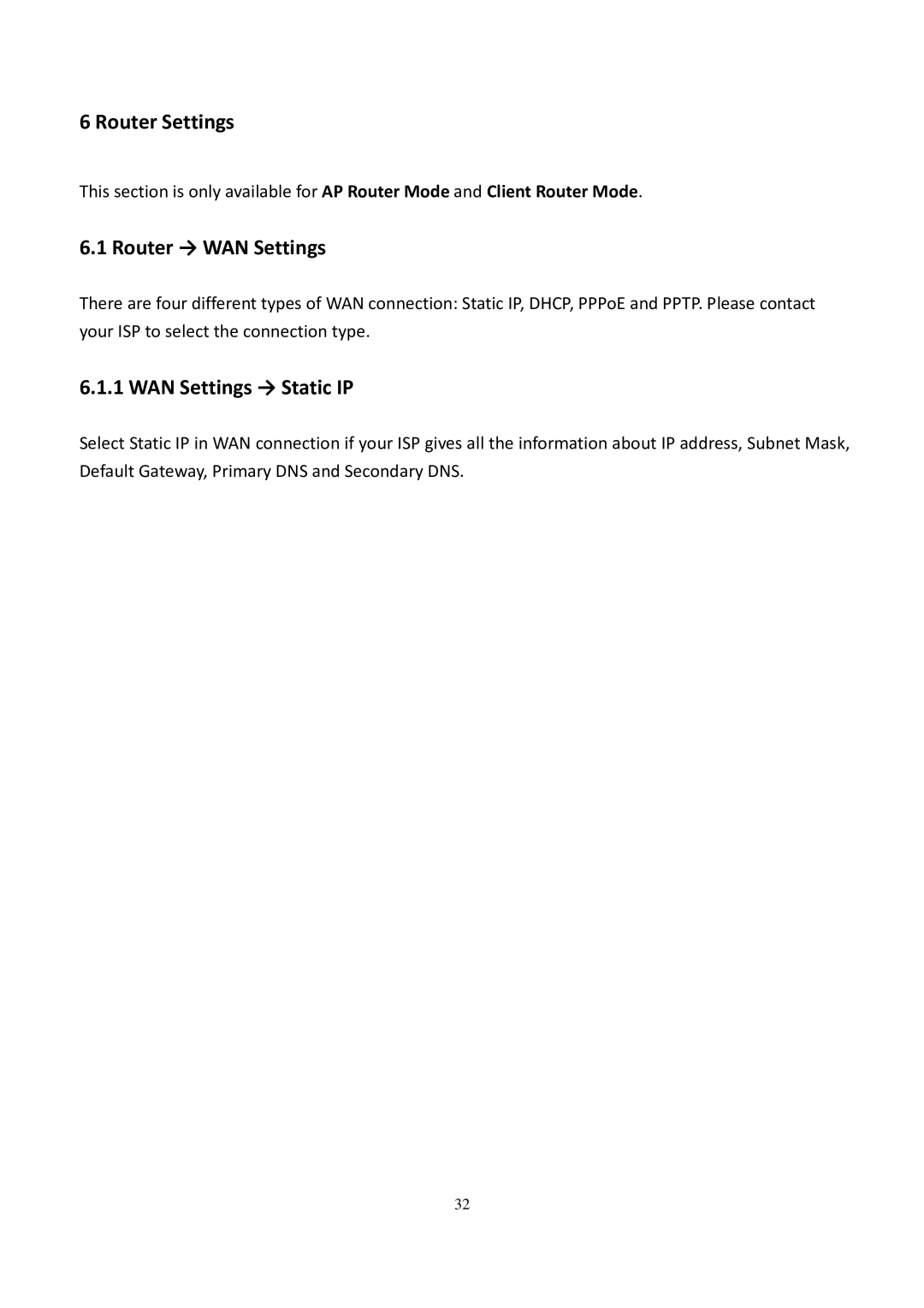 EnGenius Technologies EOC5611P user manual Router Settings, Router → WAN Settings, WAN Settings → Static IP 