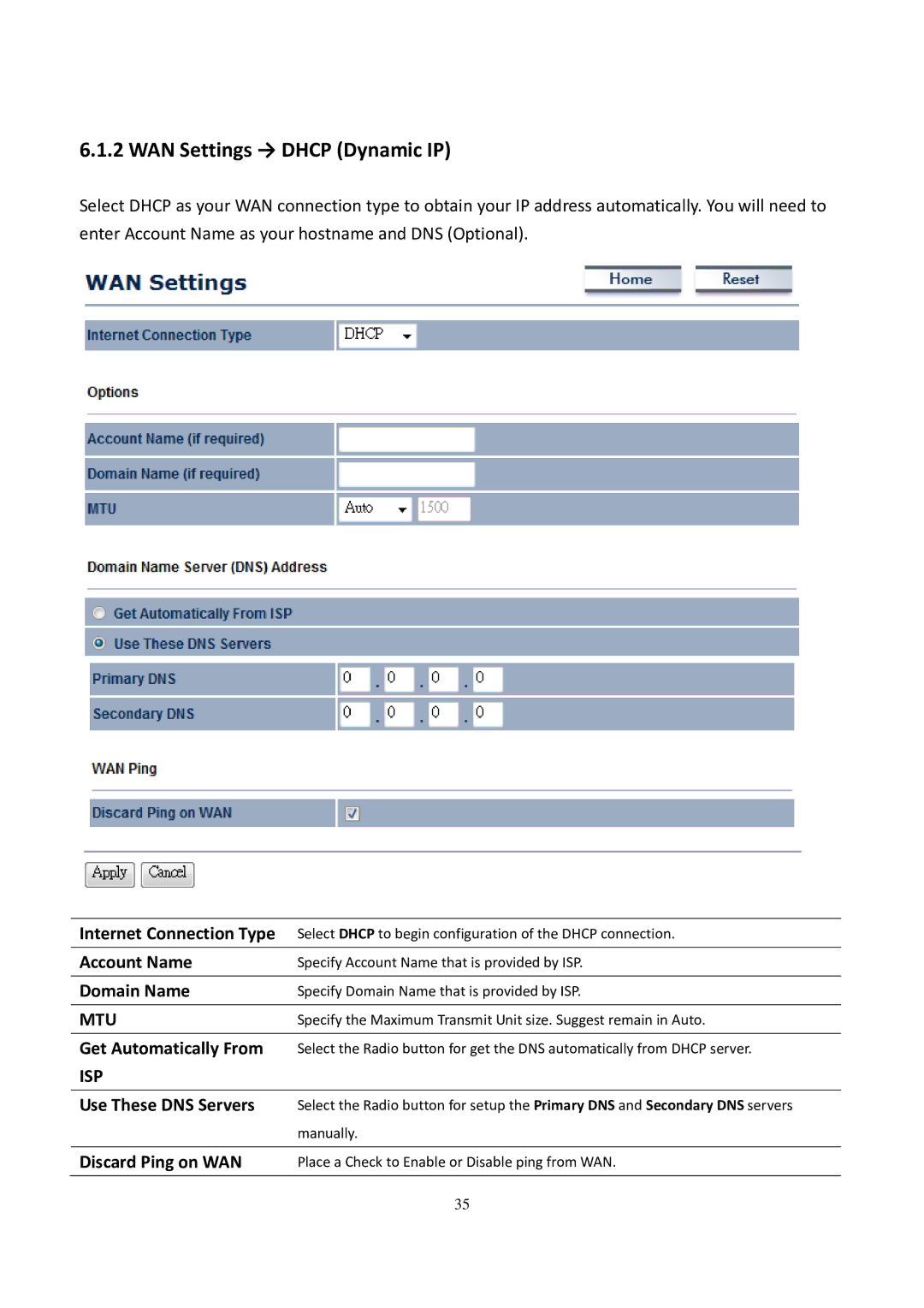 EnGenius Technologies EOC5611P user manual WAN Settings → Dhcp Dynamic IP, Get Automatically From, Use These DNS Servers 