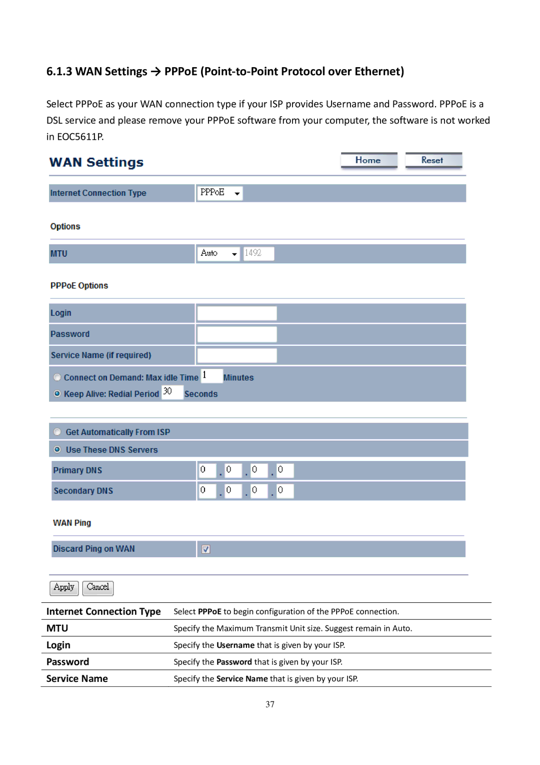 EnGenius Technologies EOC5611P WAN Settings → PPPoE Point-to-Point Protocol over Ethernet, Login, Password, Service Name 