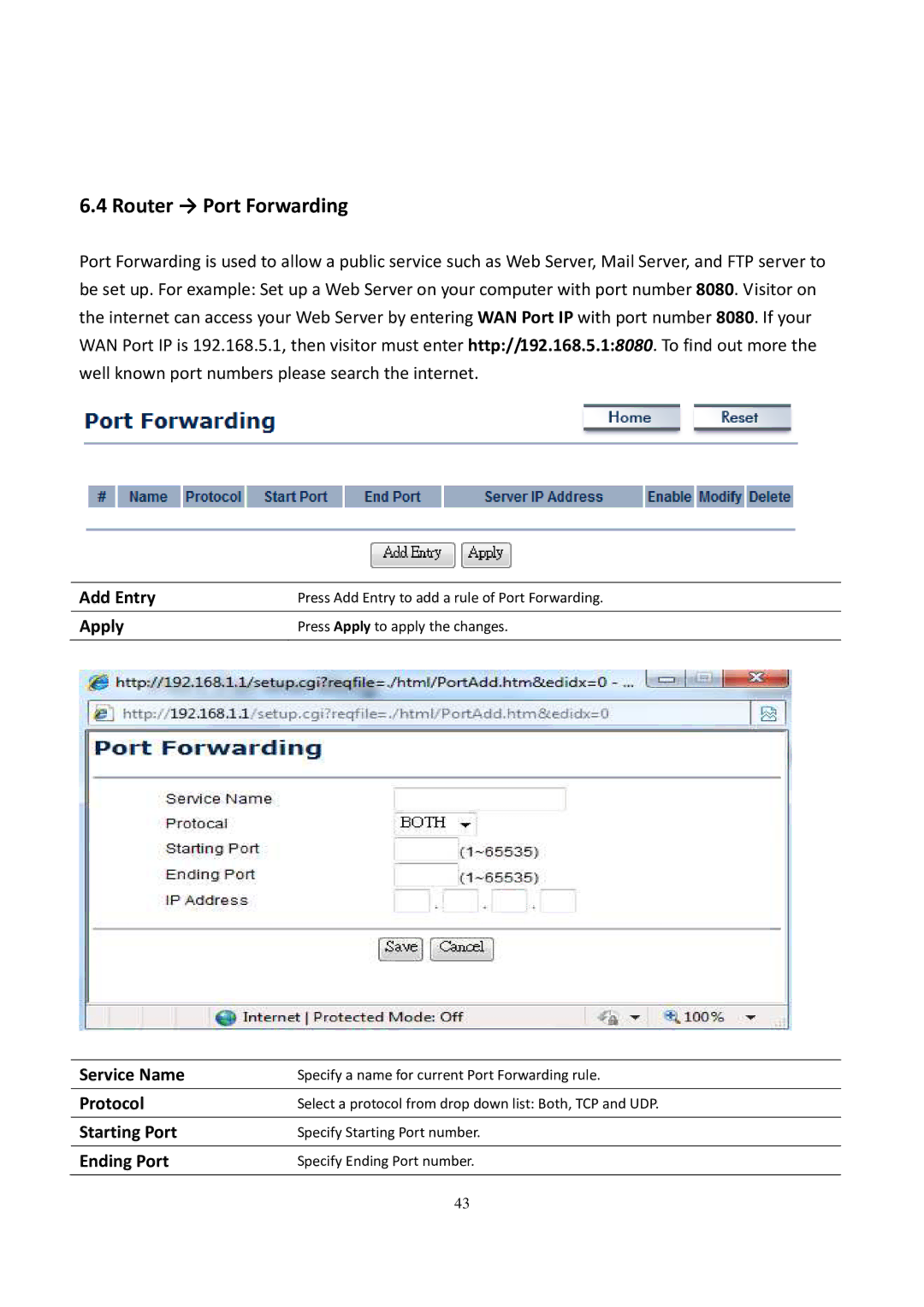 EnGenius Technologies EOC5611P user manual Router → Port Forwarding, Add Entry, Protocol, Starting Port, Ending Port 