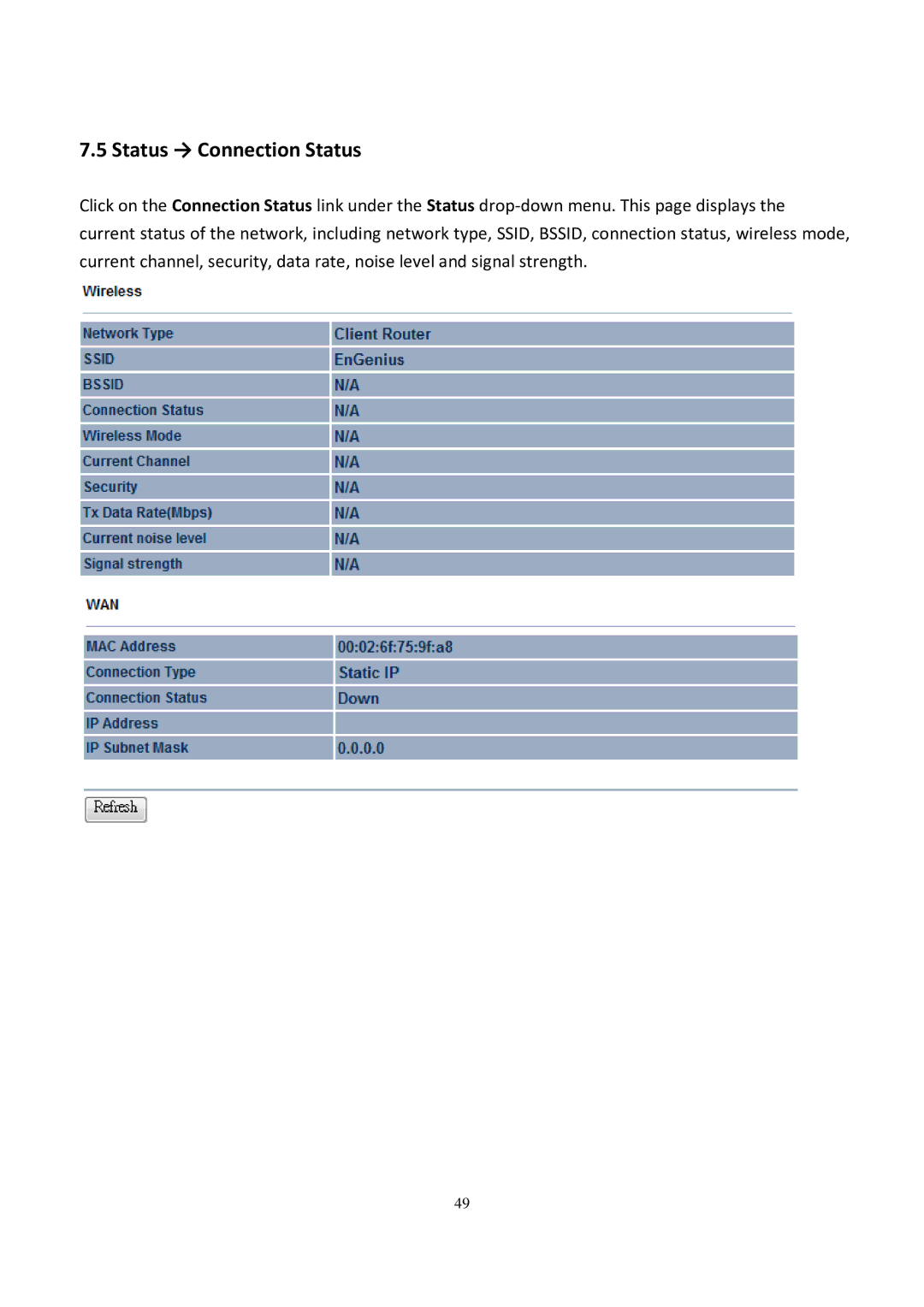 EnGenius Technologies EOC5611P user manual Status → Connection Status 