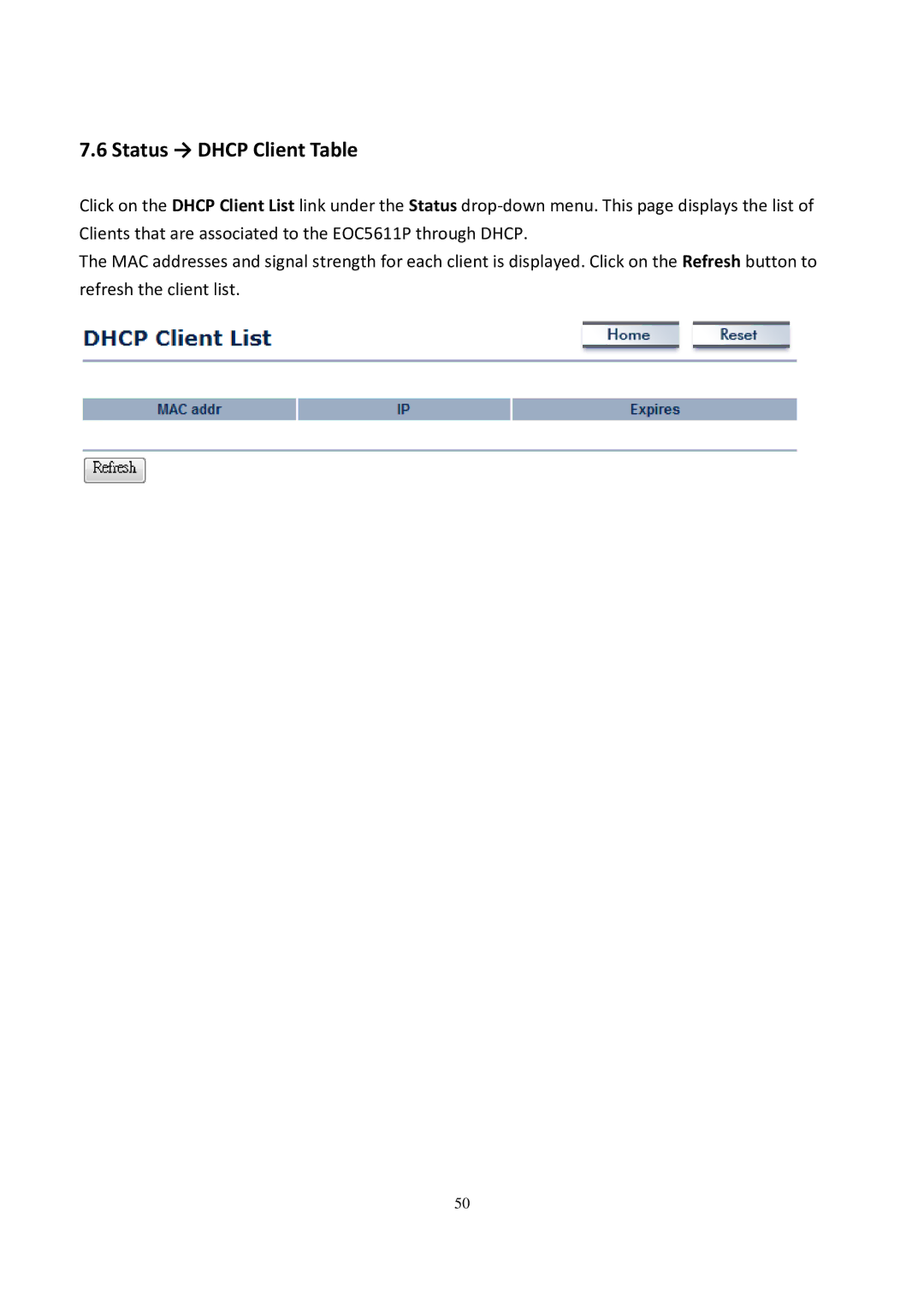 EnGenius Technologies EOC5611P user manual Status → Dhcp Client Table 