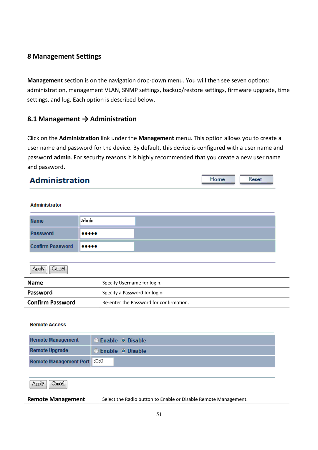 EnGenius Technologies EOC5611P user manual Management Settings, Management → Administration, Name, Confirm Password 