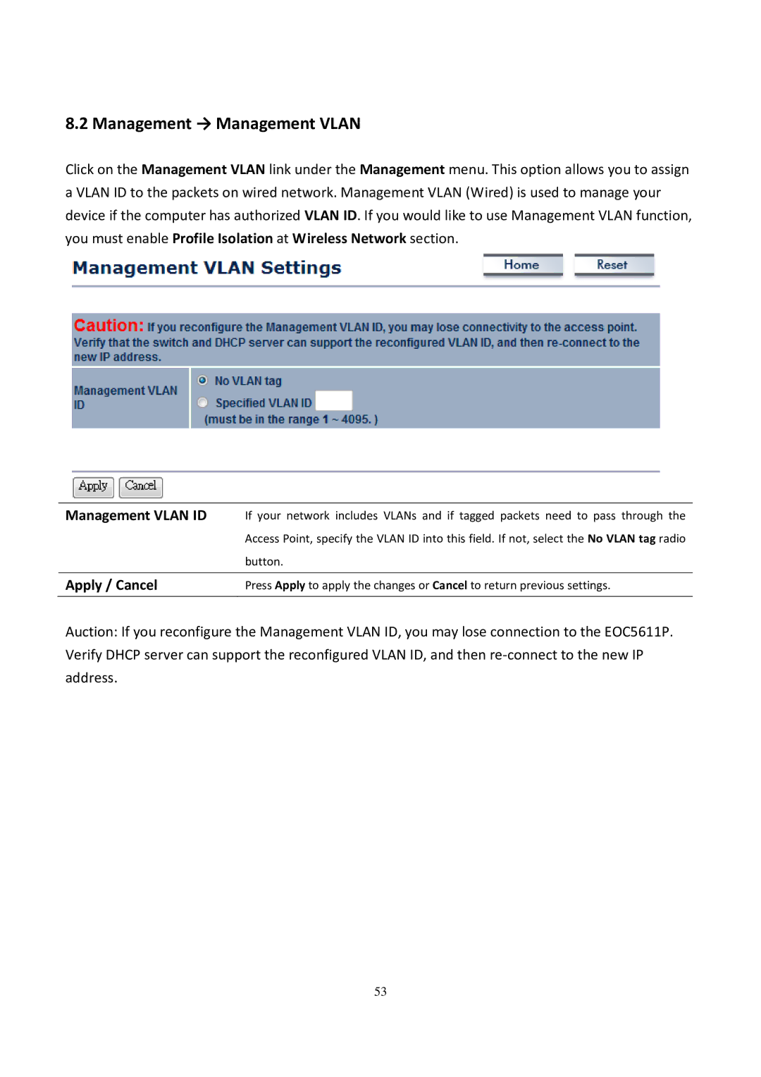 EnGenius Technologies EOC5611P user manual Management → Management Vlan, Management Vlan ID 