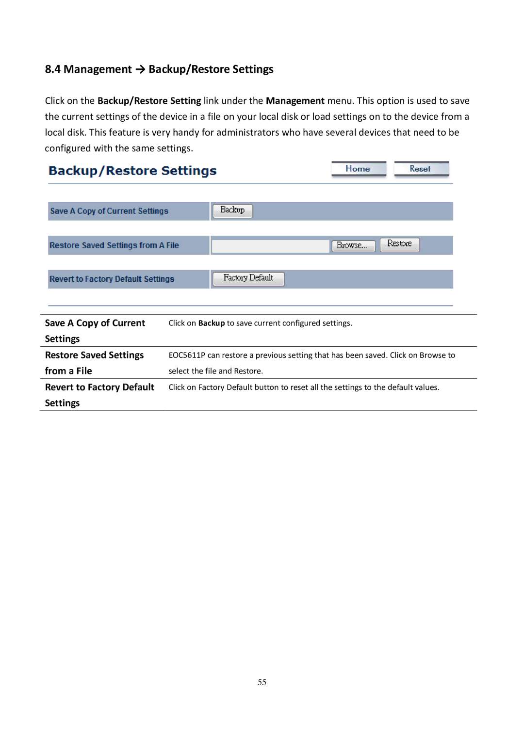 EnGenius Technologies EOC5611P user manual Management → Backup/Restore Settings 